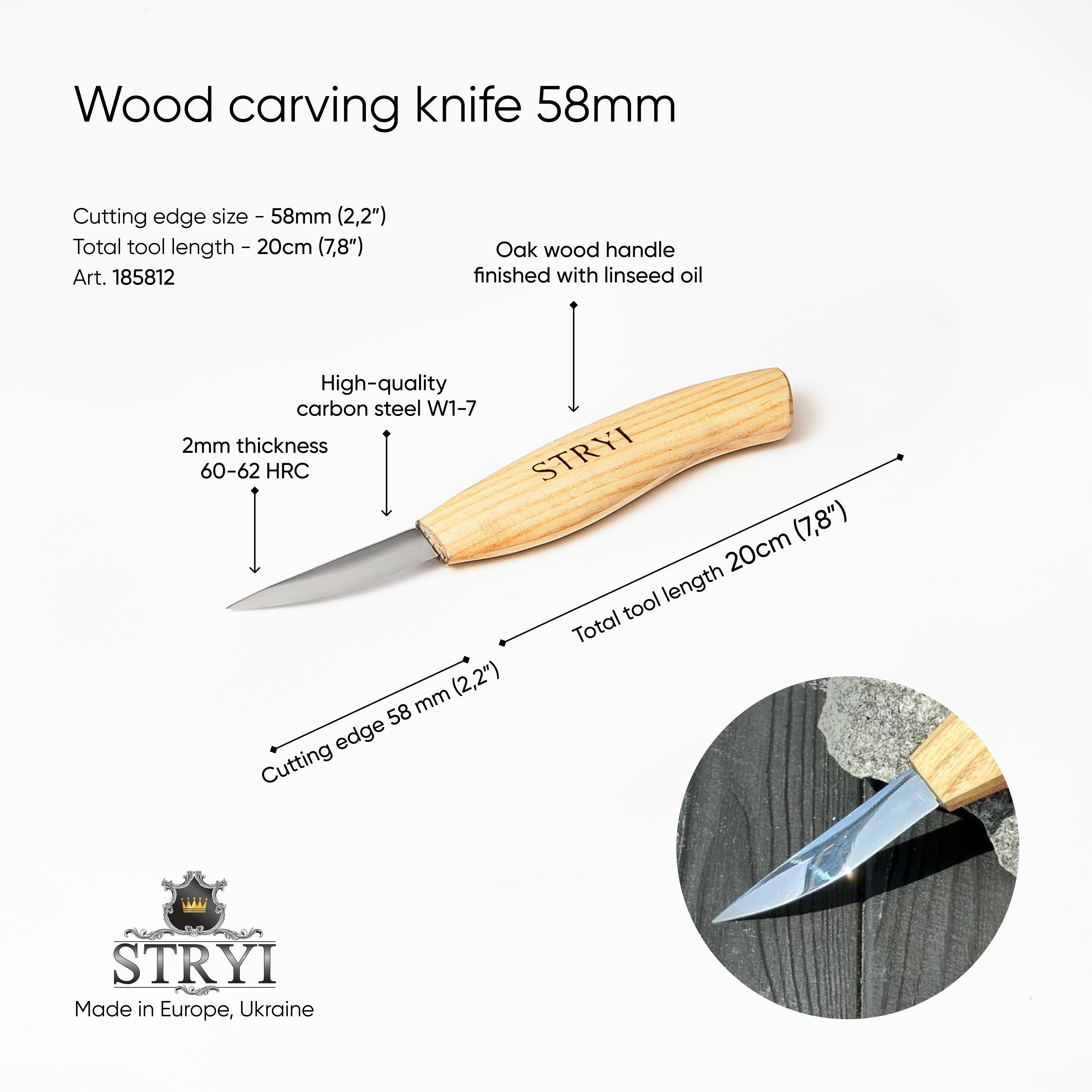 Whittling knife for wood carving 58mm STRYI Profi, Sloyd knife, Carving figurines, Carving knife