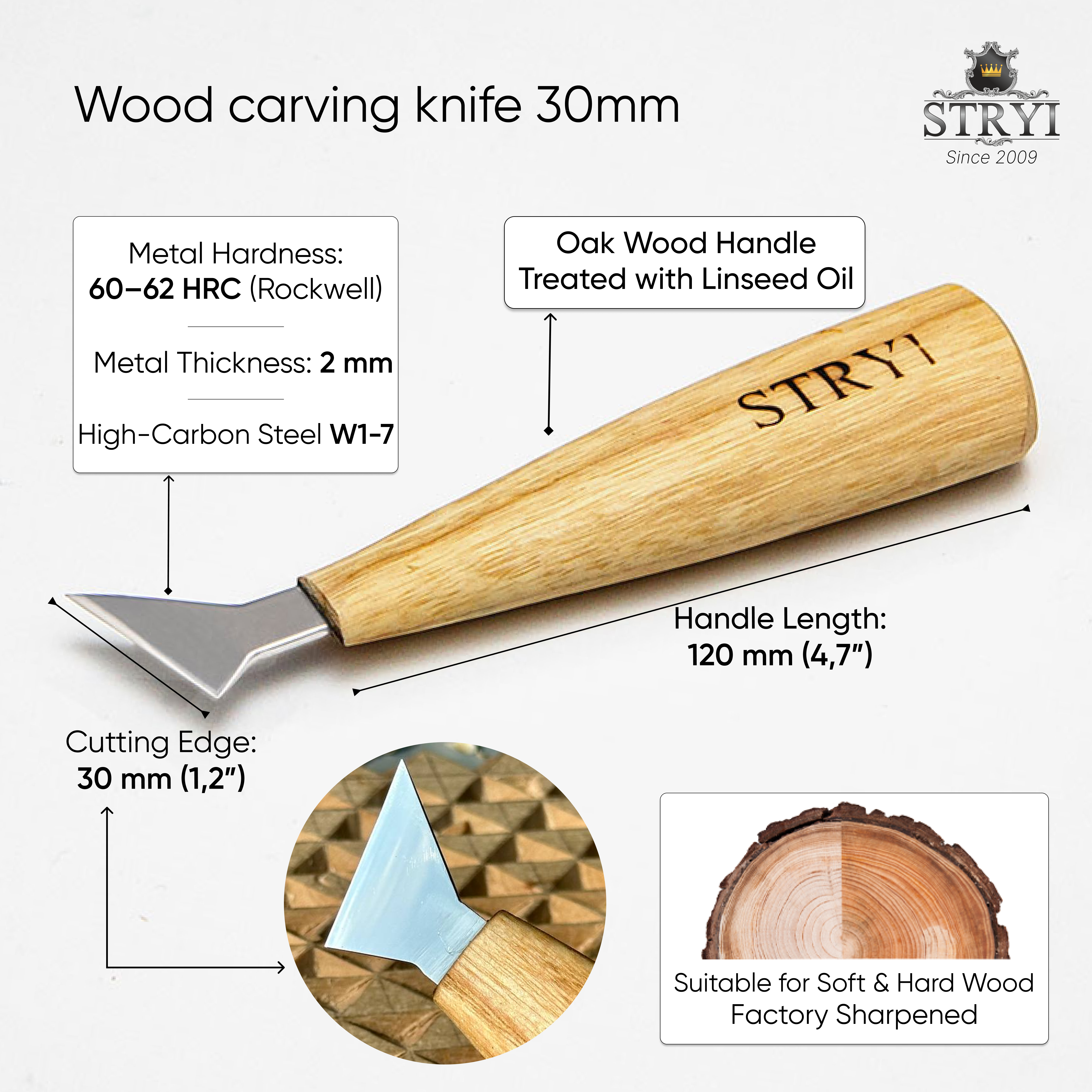 Knife STRYI Profi for woodcarving 30mm, Chip carving knife, Swallowtail knife, Carving knives, triangle knife