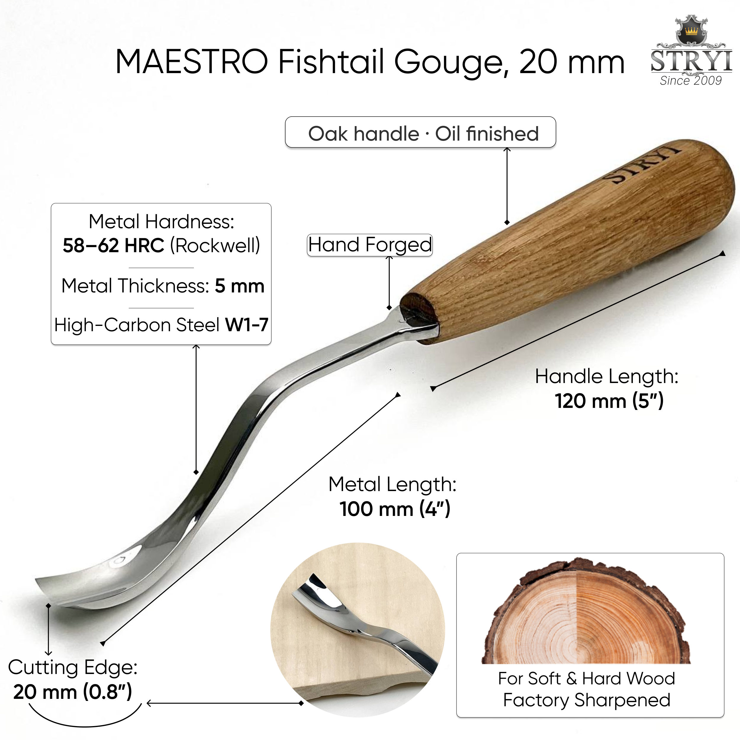 STRYI Maestro Large Bent Gouge for Relief carving, Spoons and Bowl Carving, Furniture making