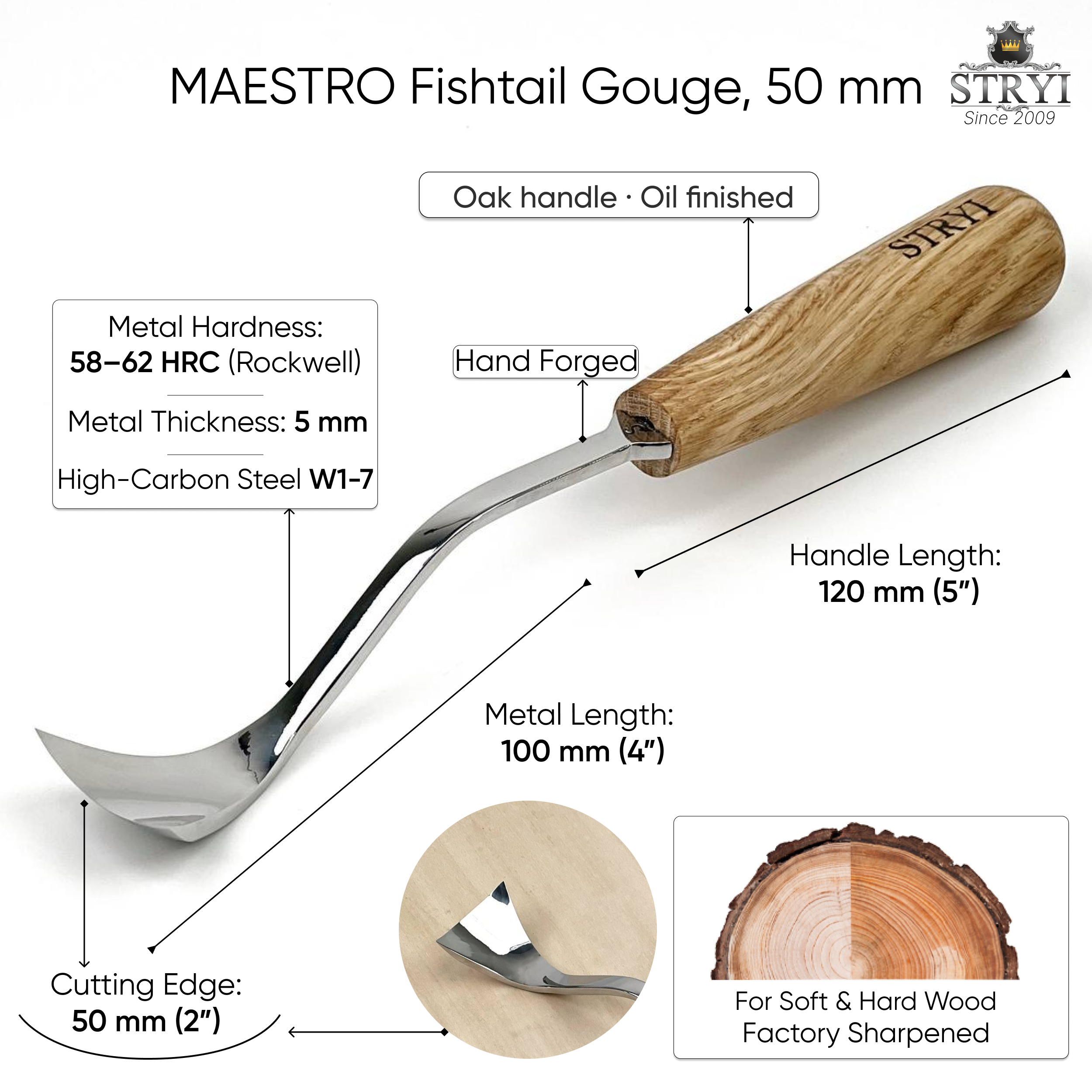 STRYI Maestro Large Bent Gouge for Relief carving, Spoons and Bowl Carving, Furniture making
