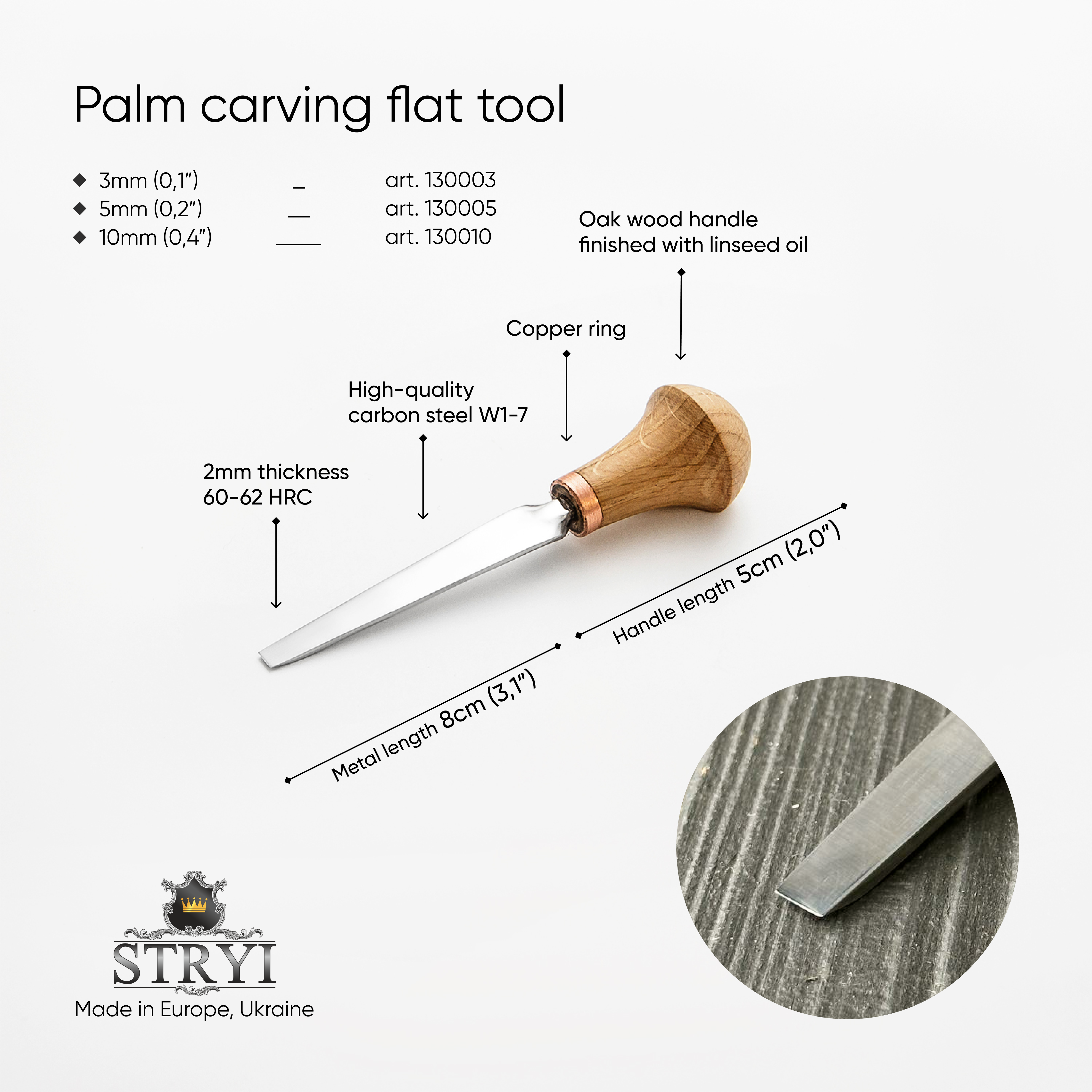 Palm carving tool STRYI Profi #1, Linocuttung tool, Engraving chisel, Flat carving chisel