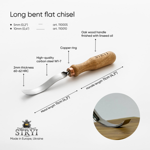 Gouge long bent chisel, profile#1 flat, STRYI Profi, Bent gouges, Carving tools, Curved tools
