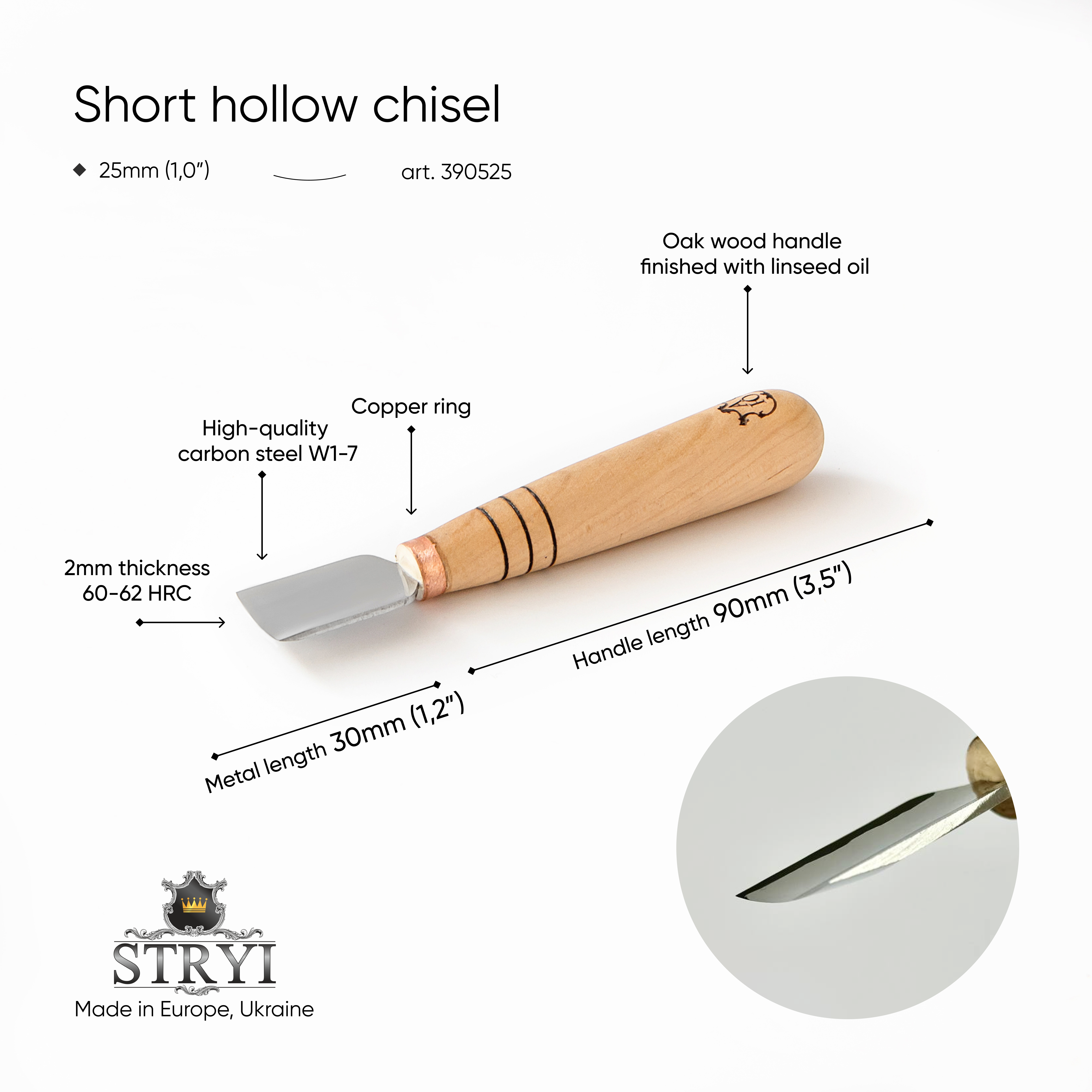 Short wood carving tools, sloping gouge 25mm STRYI-AY Profi