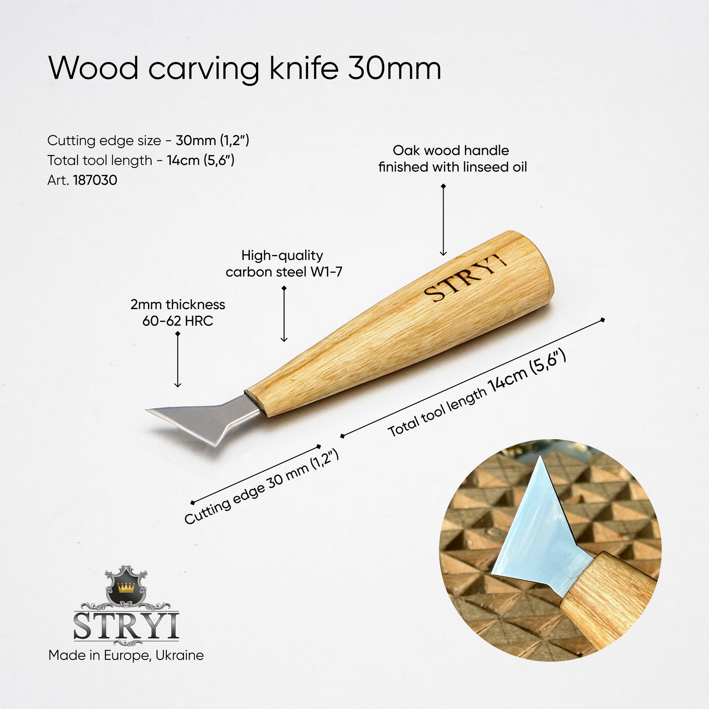 Knife STRYI Profi for woodcarving 30mm, Chip carving knife, Swallowtail knife, Carving knives, triangle knife