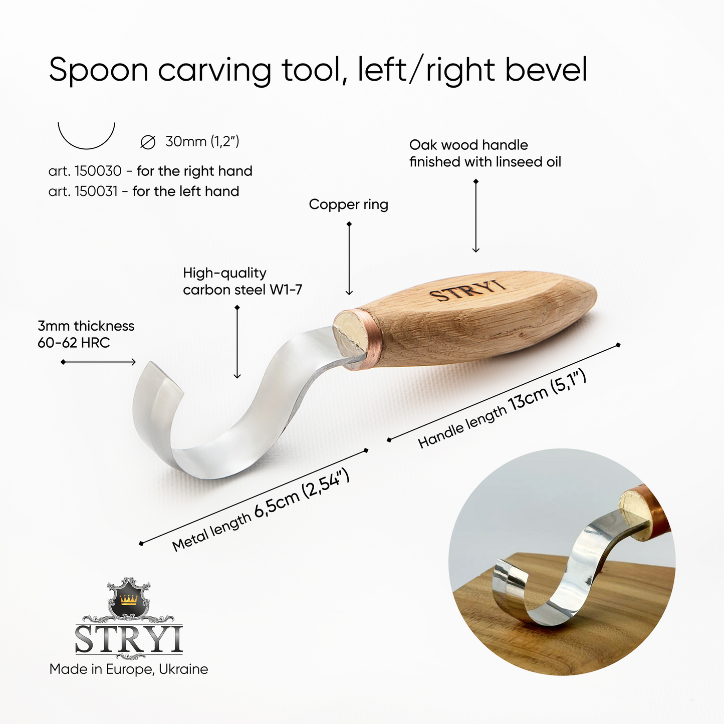 Löffelhakenmesser 30mm STRYI Profi Schüssel- und Kuksa-Schnitzmesser, Hakenmesser, Löffelschnitzmesser