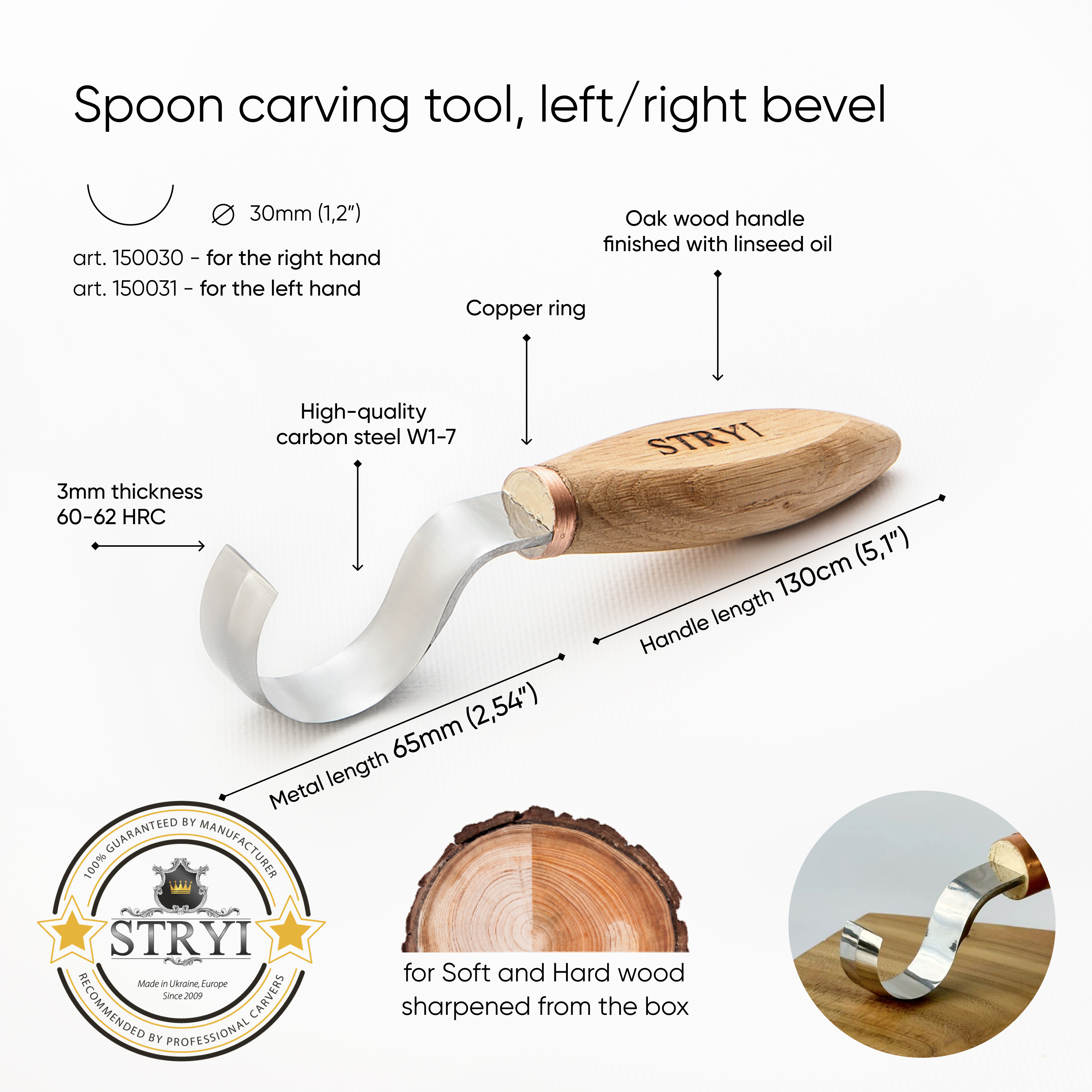 Spoon hook knife 30mm STRYI Profi bowl and Kuksa carving, Hook knife, Spoon knife. Curved knife