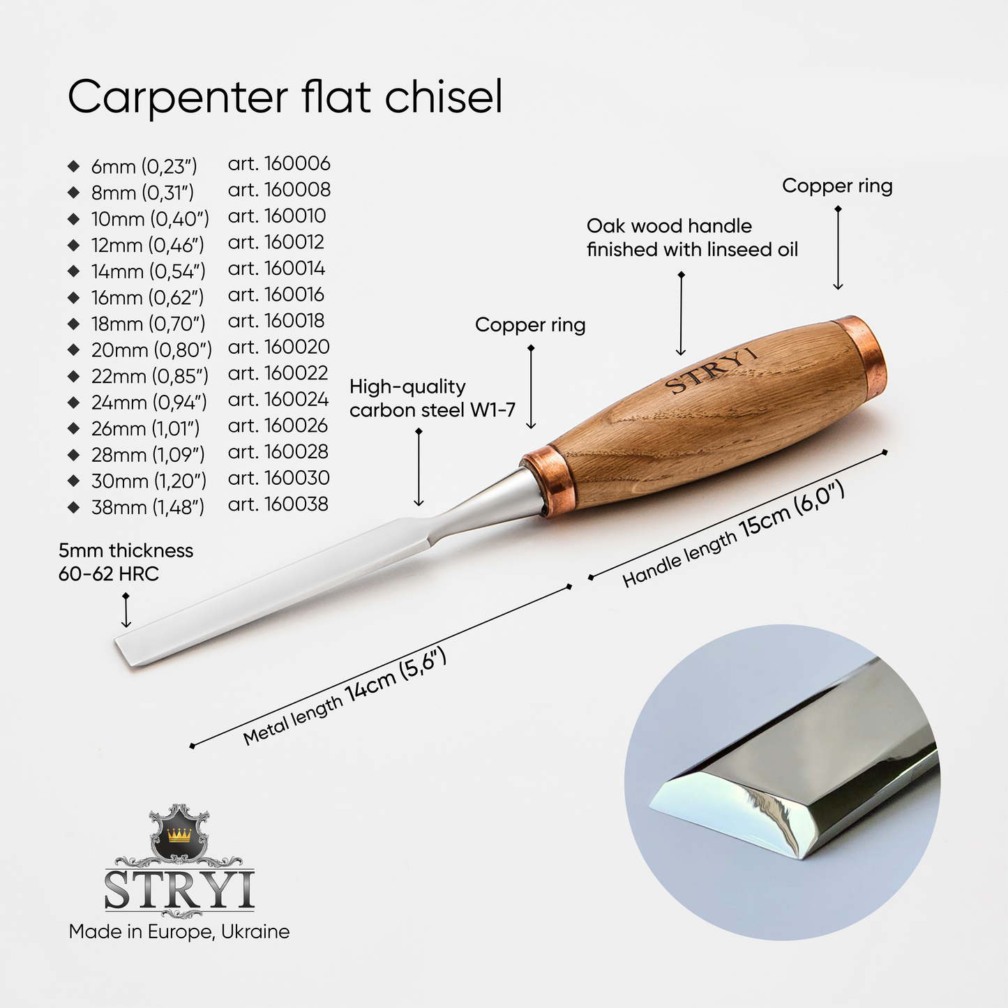 Carpenter flat chisels STRYI Profi, Flat-beveled chisel, Framing chisel, Sculpture chisel