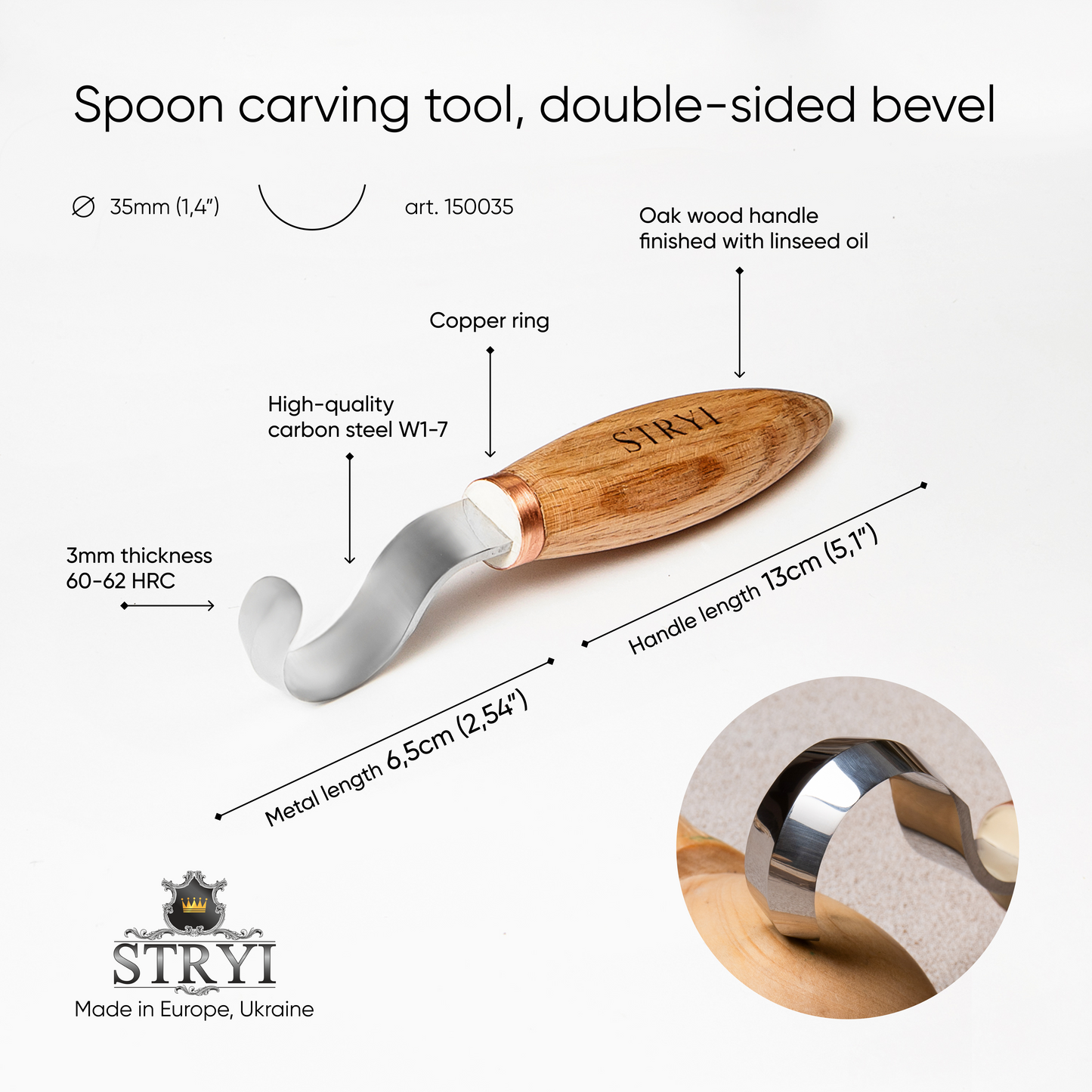 Spoon carving tool, Hook knife 35mm double-sided sharpening STRYI Profi, Spoon knife