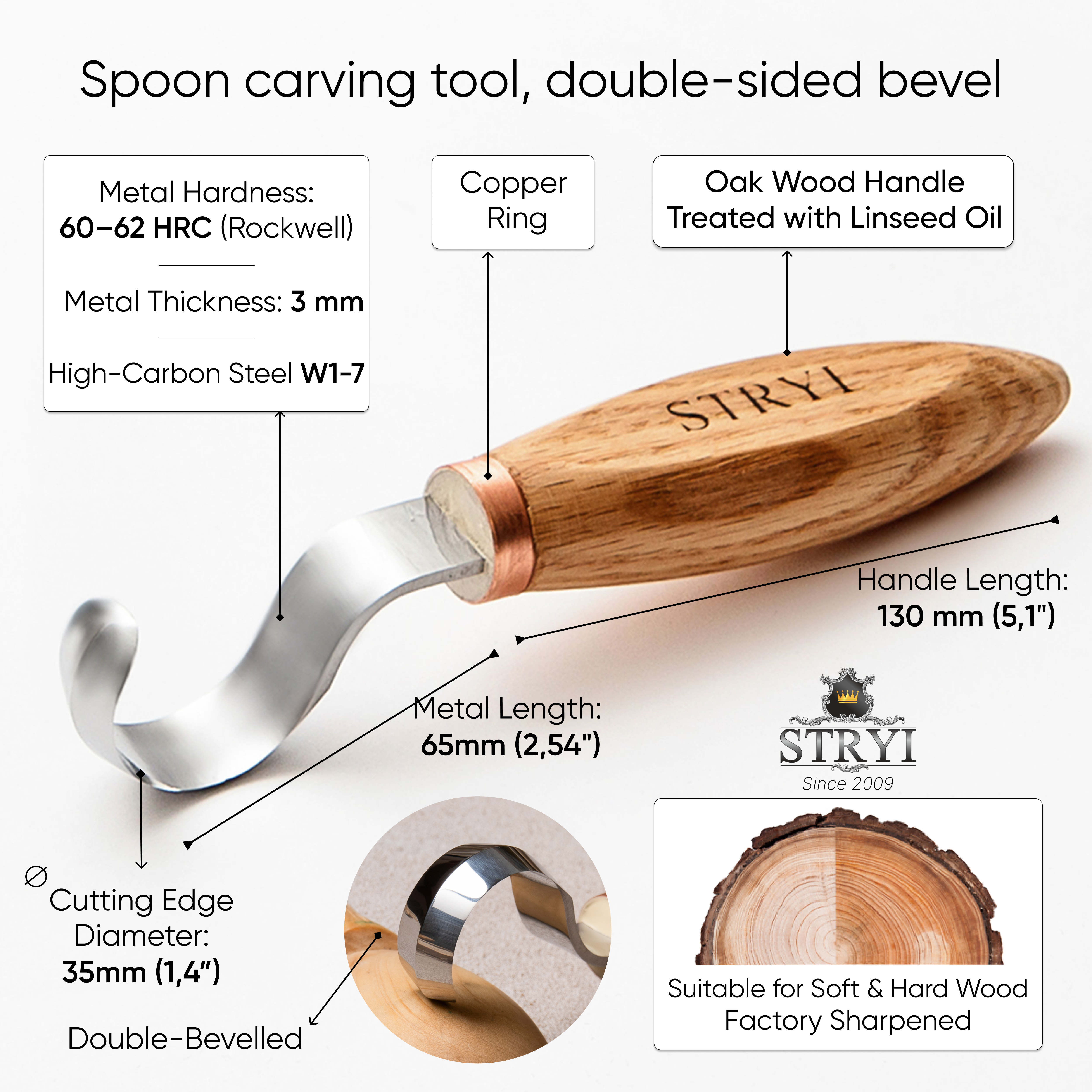 STRYI 35mm Double-Sided Hook Knife – 3-Sided Sharpened Spoon Carver for Deep Hollows