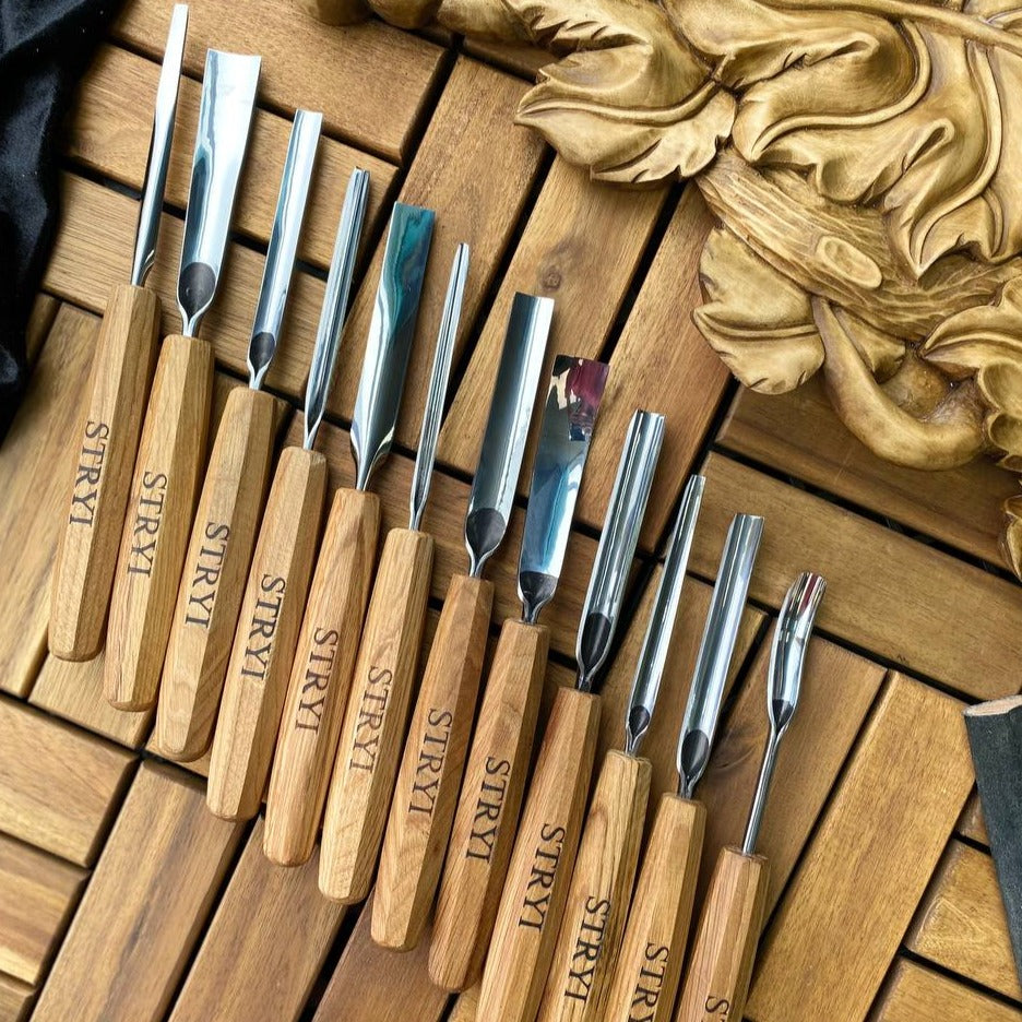 Wood carving kit for relief carving in leather case, 12pcs STRYI Profi, Chisels set, Gouges set