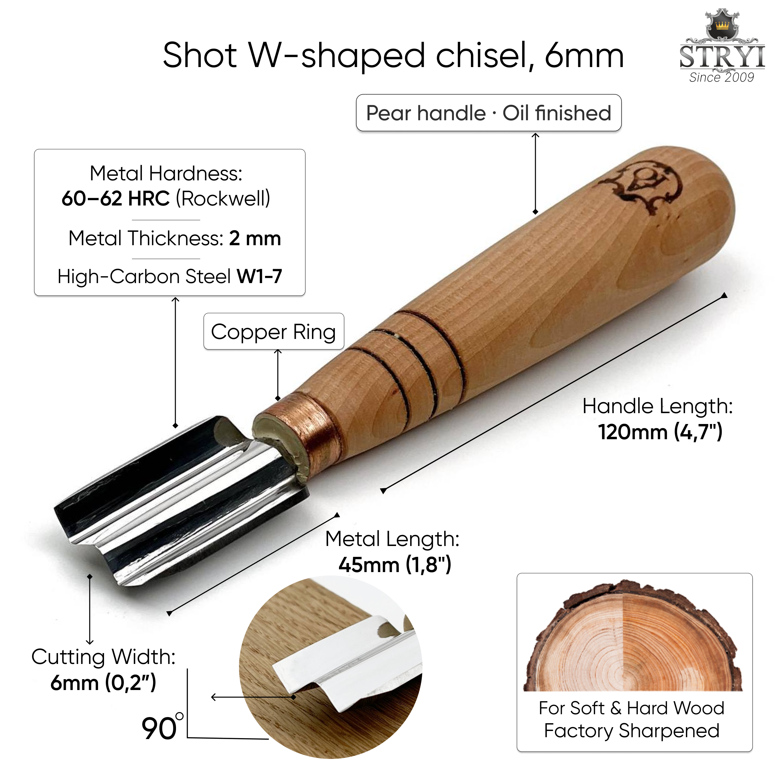 90° W-Shaped Double V-parting Chisel for 3D Chip Carving