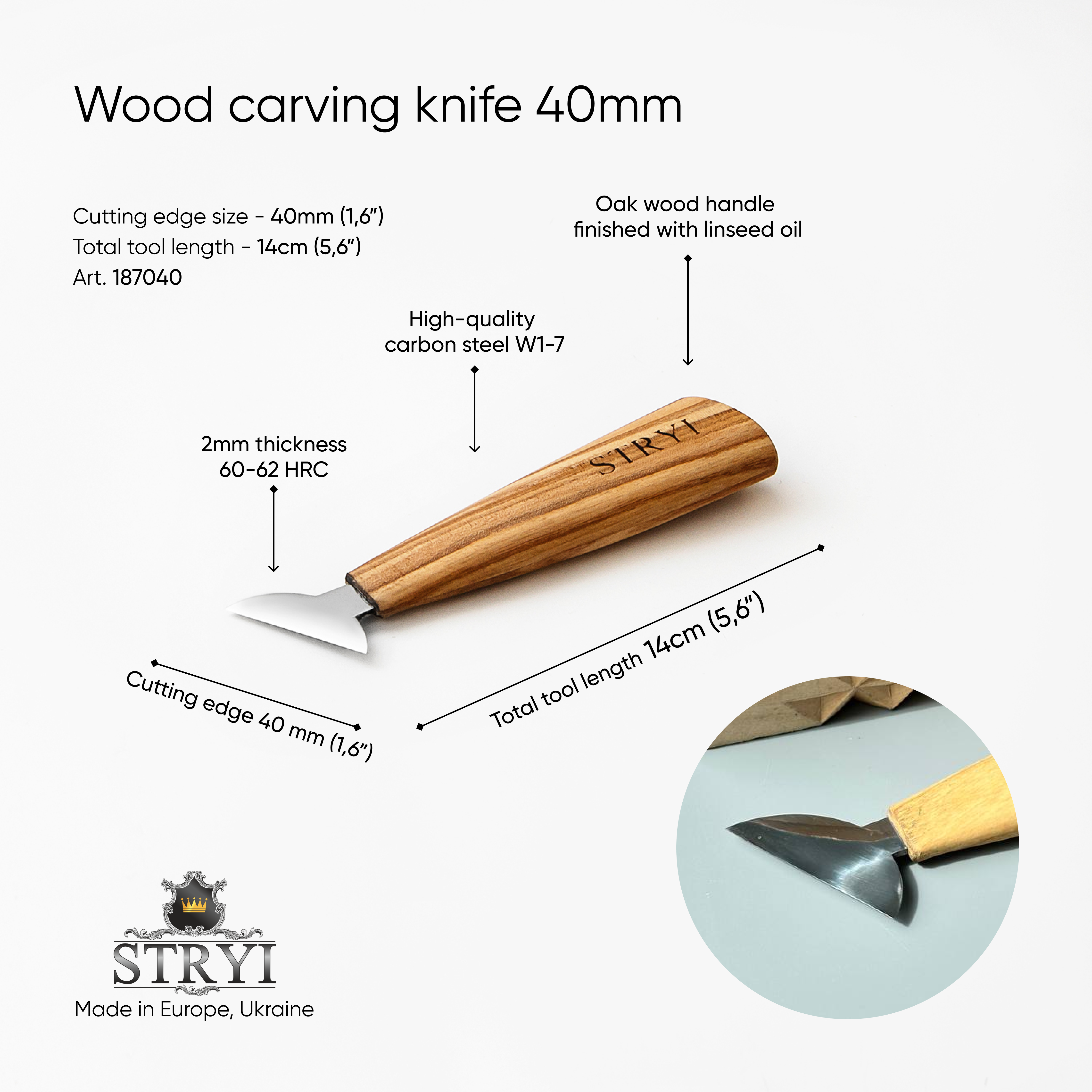 Knife for woodcarving STRYI Profi 40mm, Chip carving knife, Carving tools