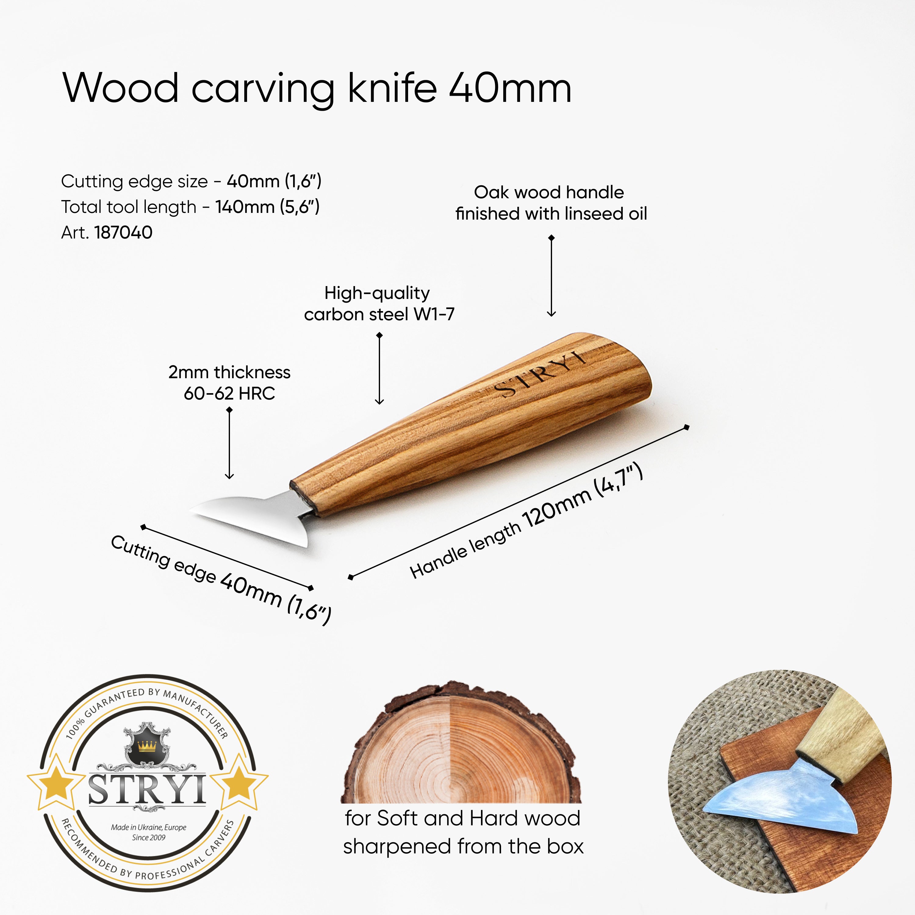 Knife for woodcarving STRYI Profi 40mm, Chip carving knife, Carving tools