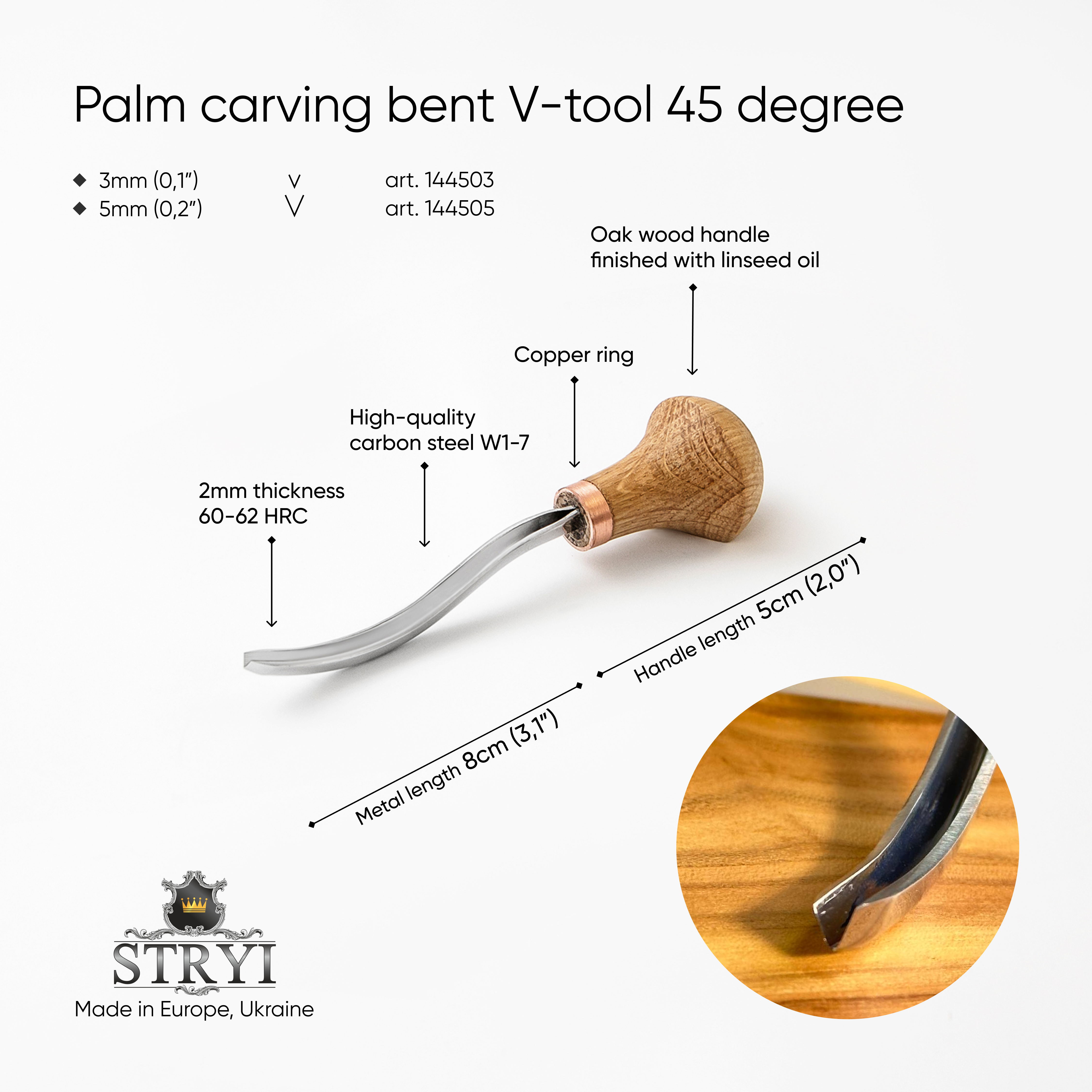 Palm carving bent V-tool 45 degrees STRYI Profi, Linocutting tool, Burins STRYI, Graver