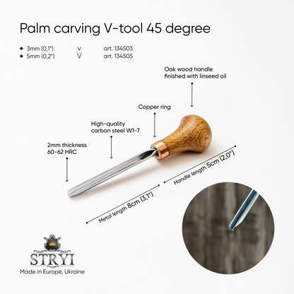 Herramienta en V para tallado de palma STRYI Profi 45 grados, herramienta de grabado, herramienta de corte de lino