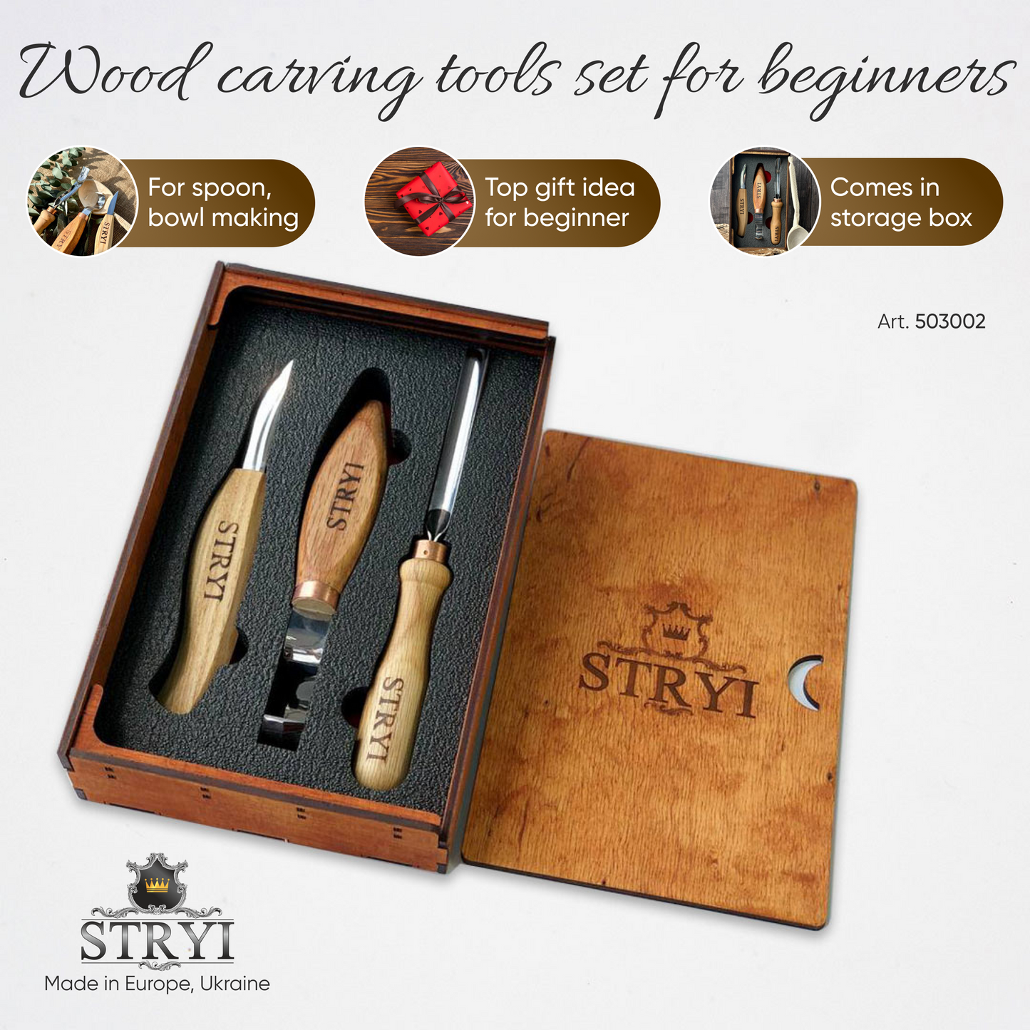 Spoon carving toolset, crockery woodcarving set  3 pcs STRYI Profi, Carving tools, Hook knife, spoon making