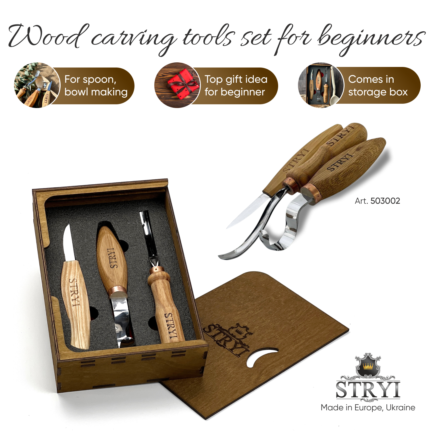 Spoon carving kit, Wood carving kit 3 pcs STRYI Profi, Carving tools, Hook knife, Spoon making