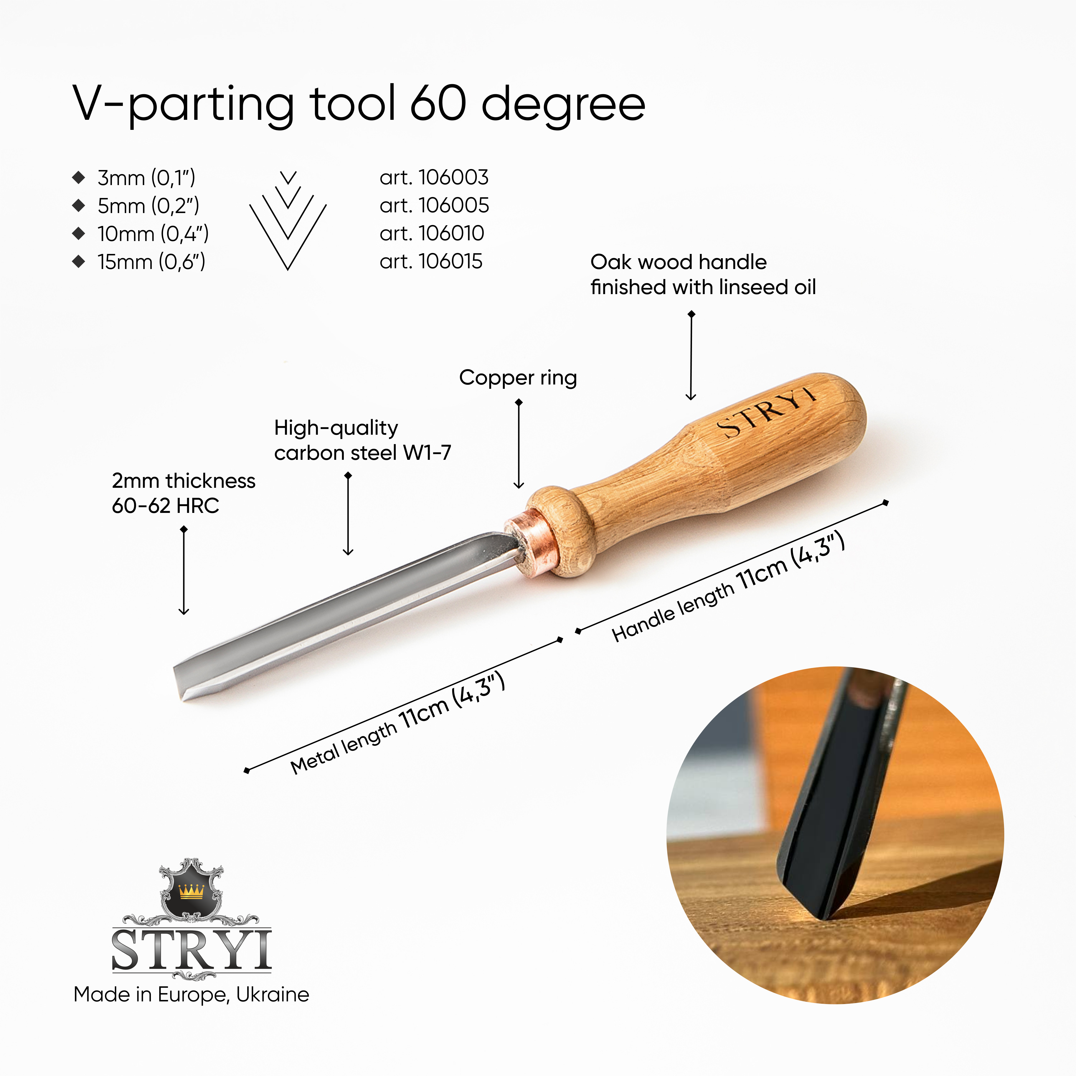 Cincel para corte en V de 60 grados, gubias para tallar madera STRYI Profi