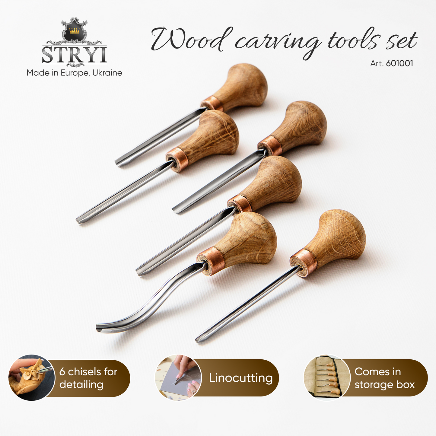 Palm carving tools set of 6 pcs, Gravers and Burins STRYI Start, Linocutting set