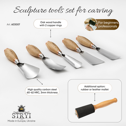 Sculpture tools set STRYI Profi 5pcs, Wood carving kit of Heavy-duty chisels, Sculpture gouges, Forged hand tools for Sculpting woodworking