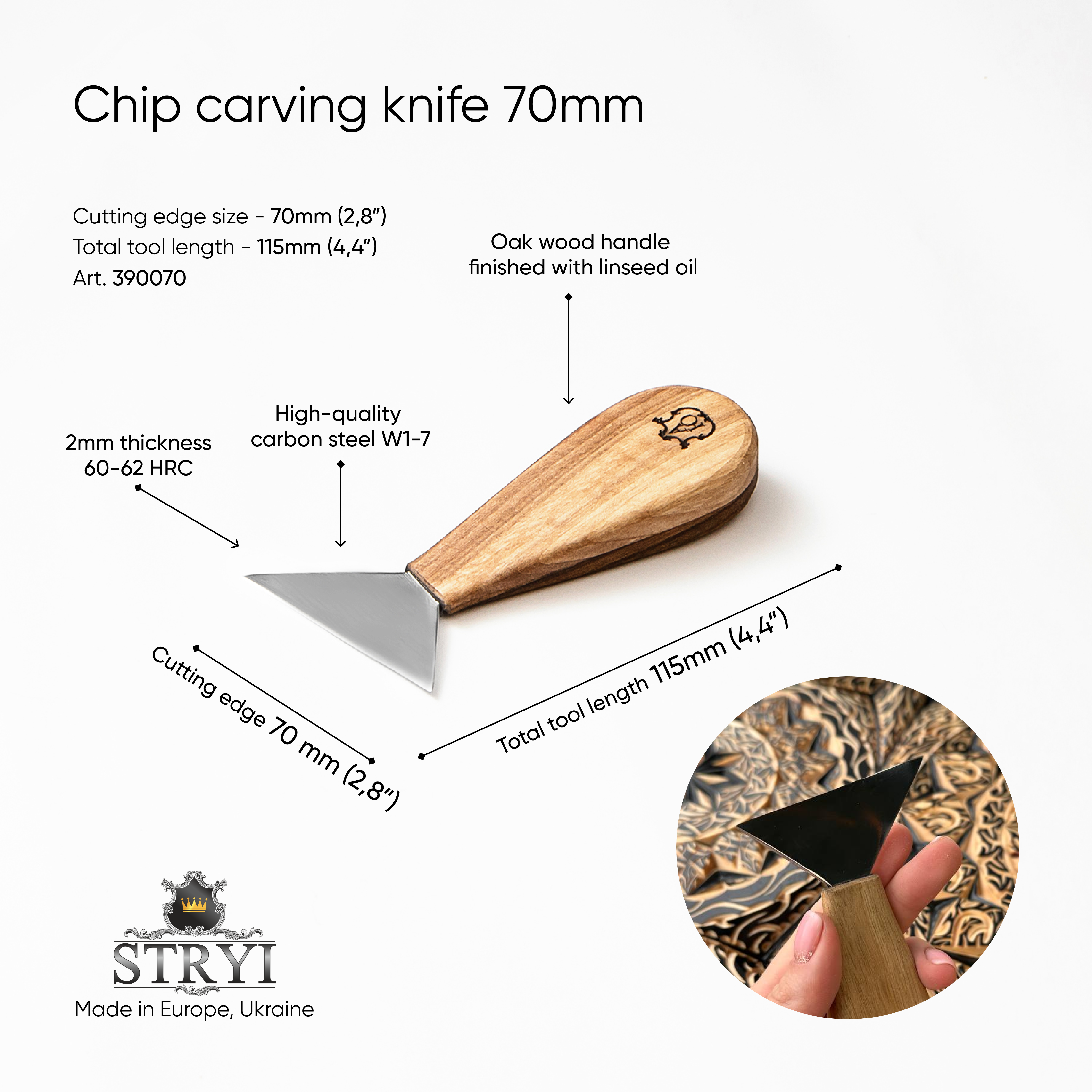 Chip Carving knife 70mm, Triangle knife chisel STRYI&Adolf Yurev Profi