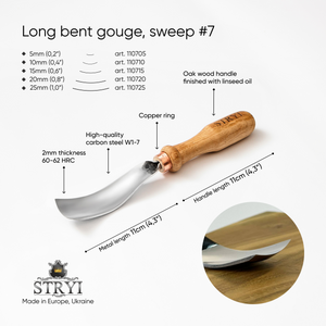 Gouge long bent chisel, #7 profile, Woodcarving tools STRYI Profi, Sloping bent gouge, Carving background