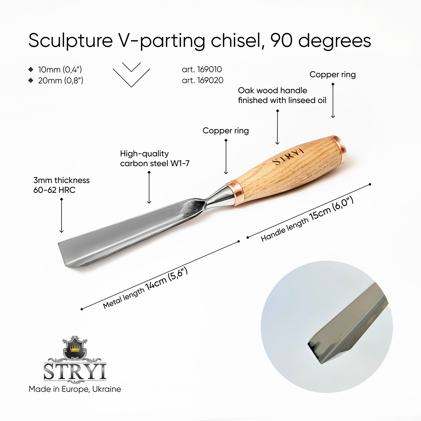 Large sculpture chisel, V-tool 90 degree, heavy duty gouge STRYI Profi, V-parting chisel, carpentry tool, making furniture