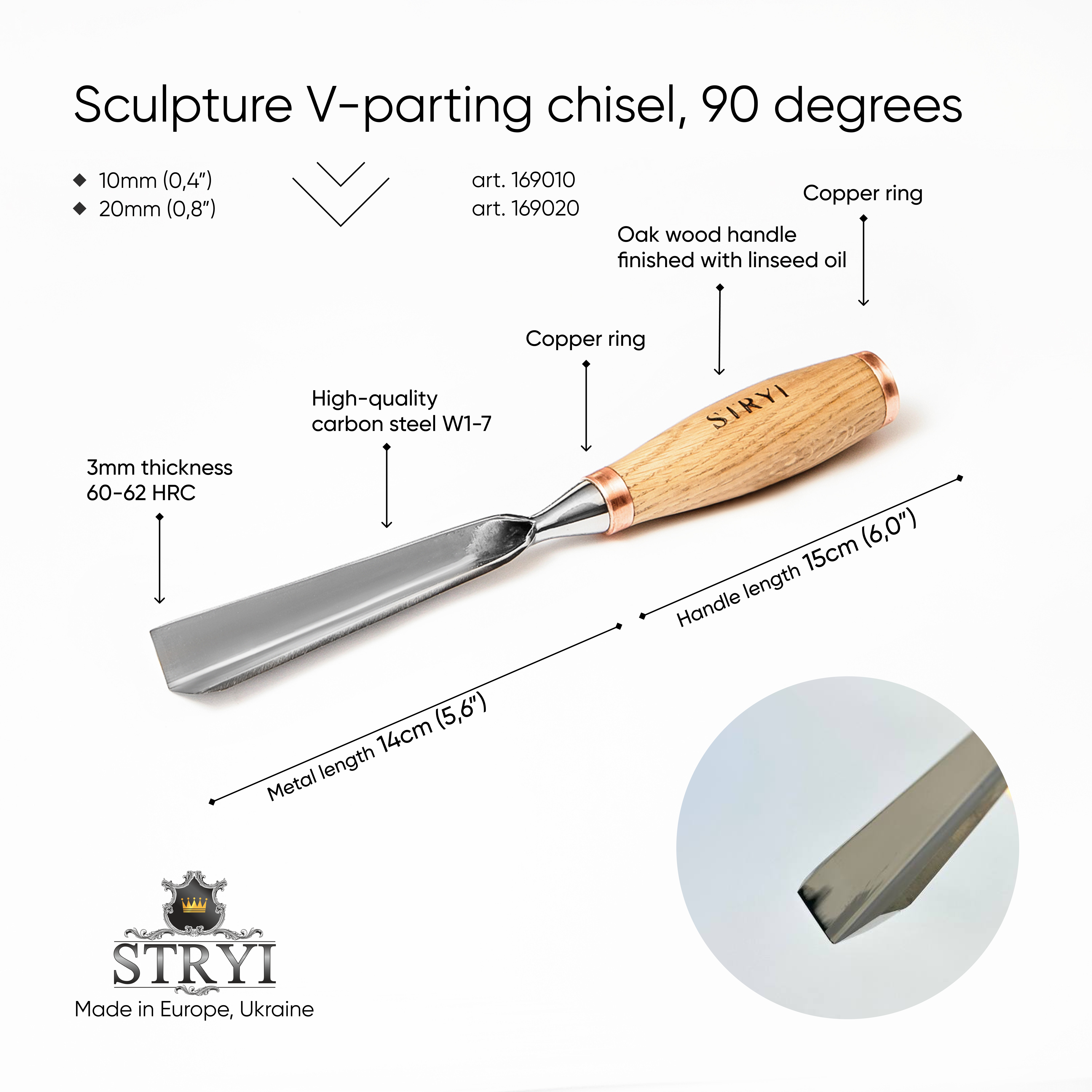 Large sculpture chisel, V-tool 90 degrees, Heavy-duty gouge STRYI Profi, V-parting chisel, Carpentry tool, Making furniture