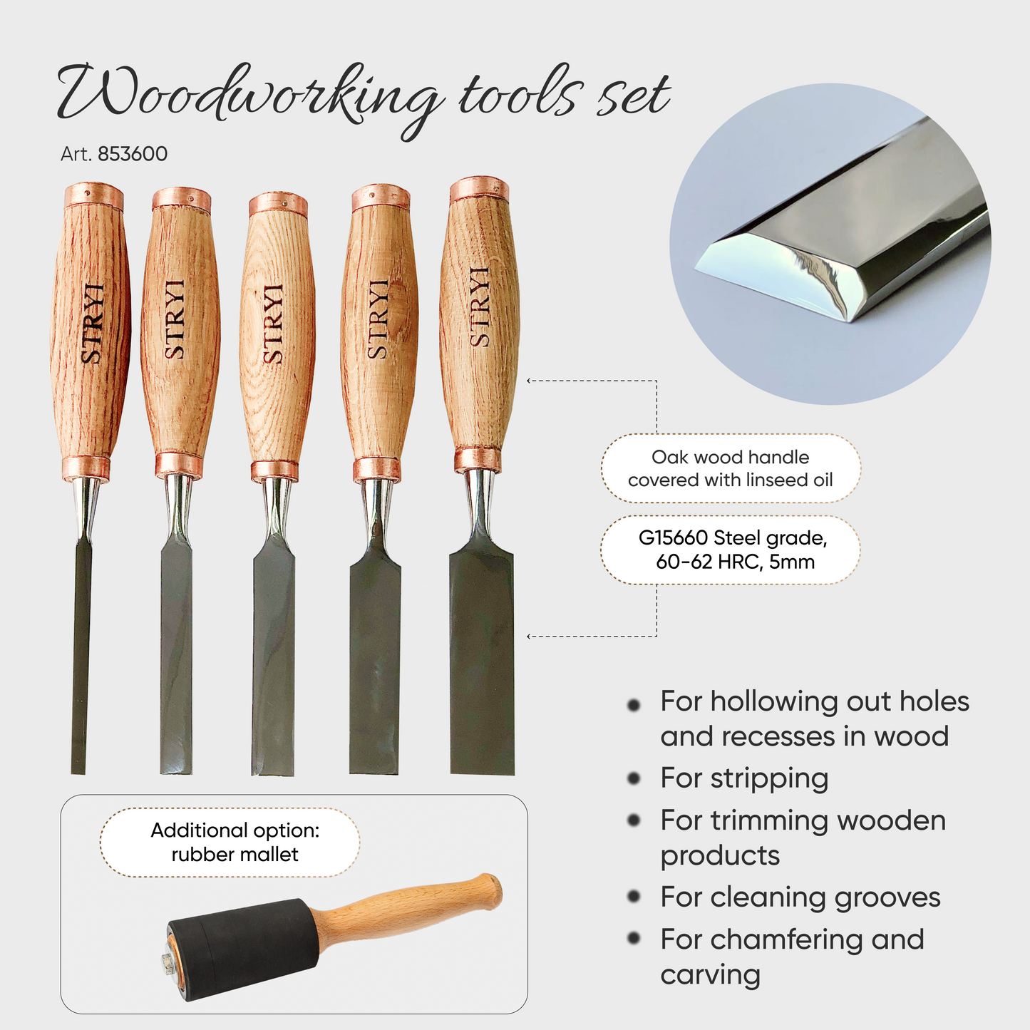 Set of straight flat bevel chisels STRYI Profi, Carpentry tool, Straight chisel, Woodworking tool