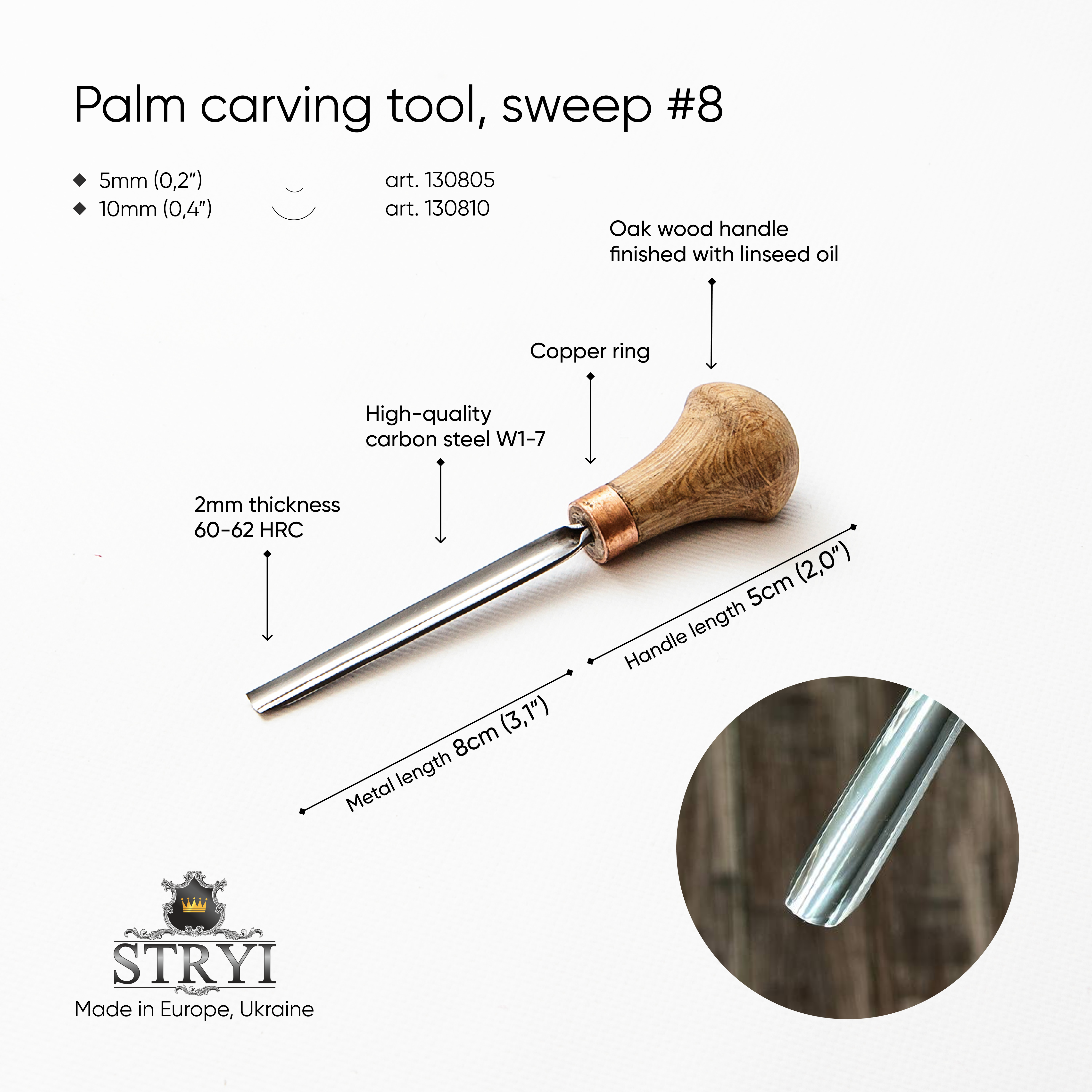 Palm carving tool STRYI Profi sweep #8, Linocutting tool, block cutters, burin graver tool