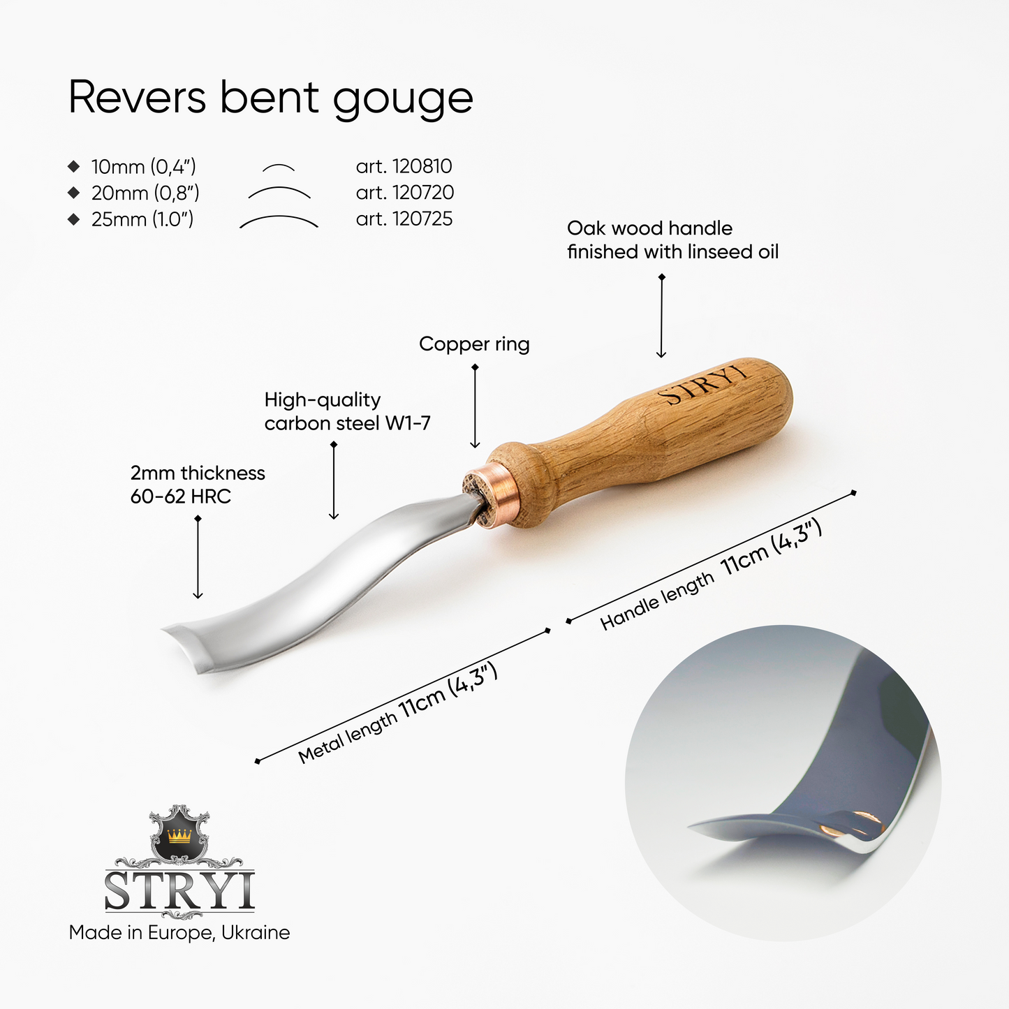 Revers bent gouge STRYI Profi, Carving grapes, Relief carving tools, Back bent gouges