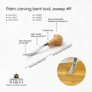 Palm carving bent gouge sweep #9 STRYI Profi , linocutting tool, burins STRYI, palm tool, detailing knife