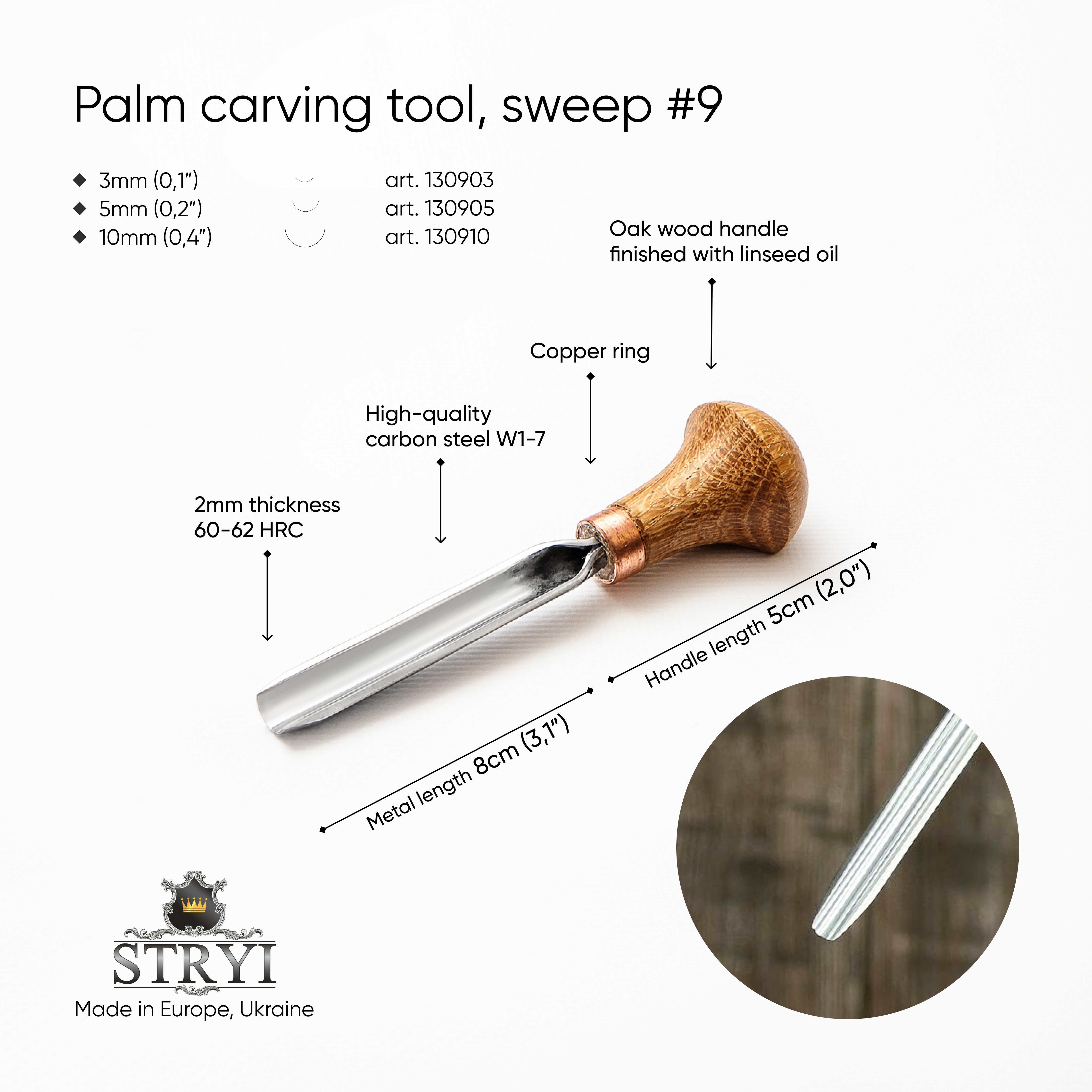 Palm carving tool STRYI Profi sweep #9, Linocutting tool, Burin Engraver, Detailed tool, Palm gouge