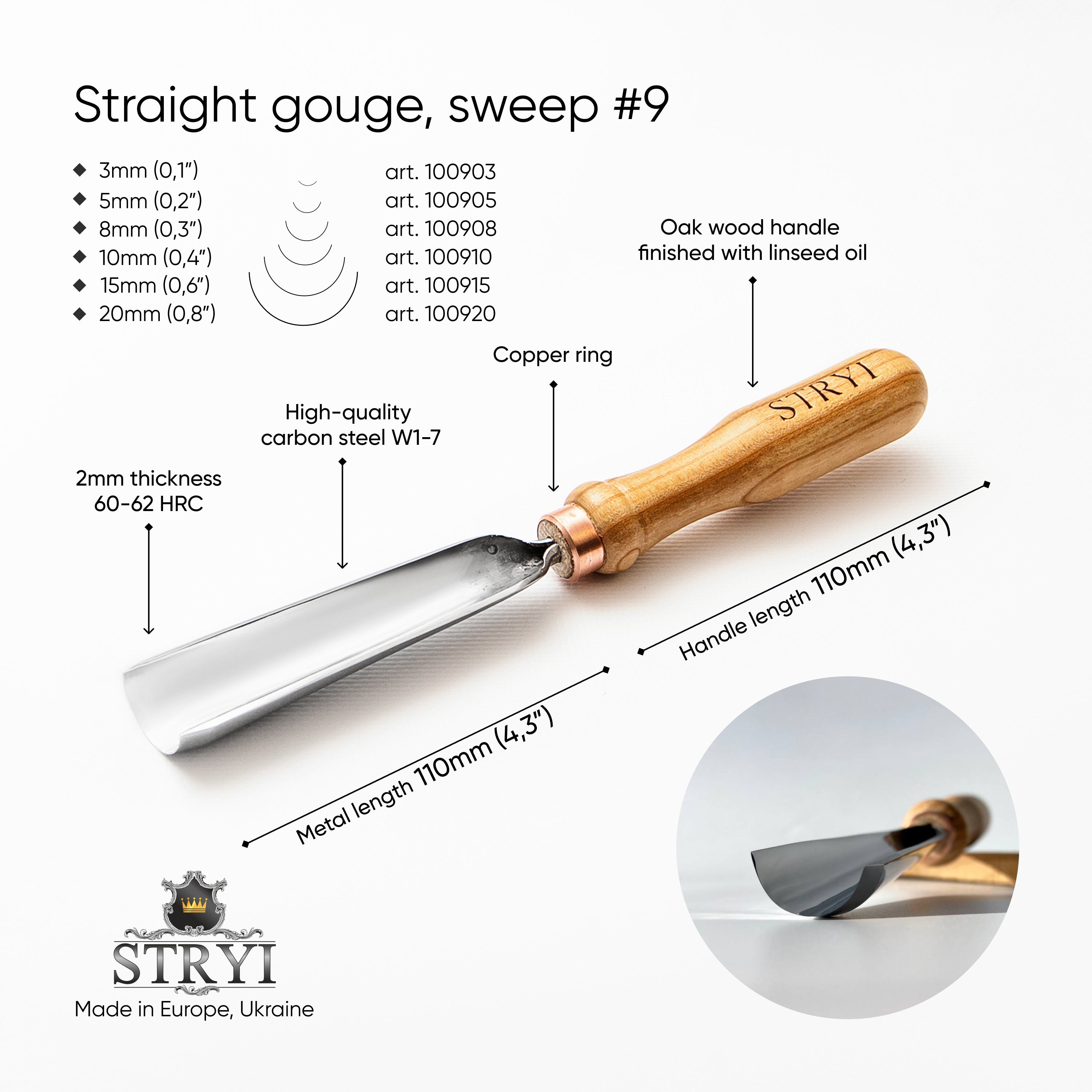 Gouge #9 profile Woodcarving chisel STRYI Profi, Gouge, Rounded chisel, Relief carving