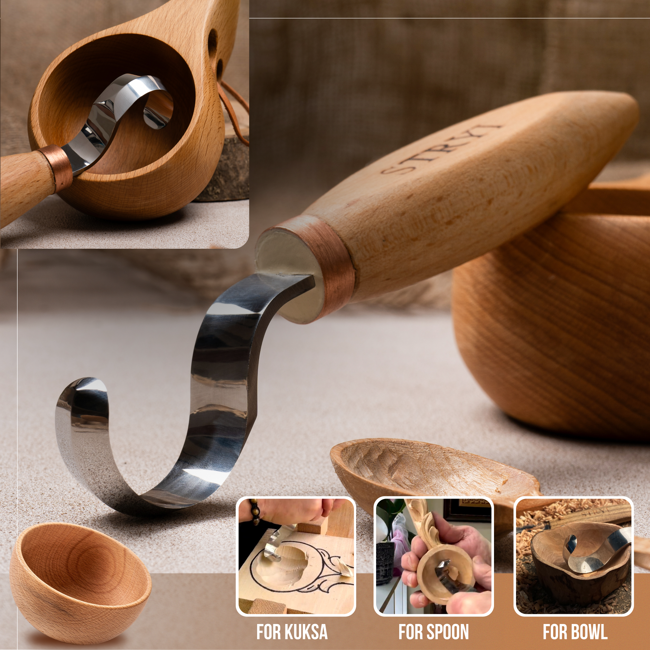Spoon and kuksa carving kit, Bowl carving set, Stryi carving toolkit