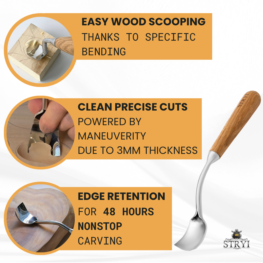 Large bent chisel for kuksa spoon cutting, STRYI Profi,  Chisel for bowl, spoon, kuksa, cup, Tool for deep carving, Forged steel tool, STRYI bent gouge