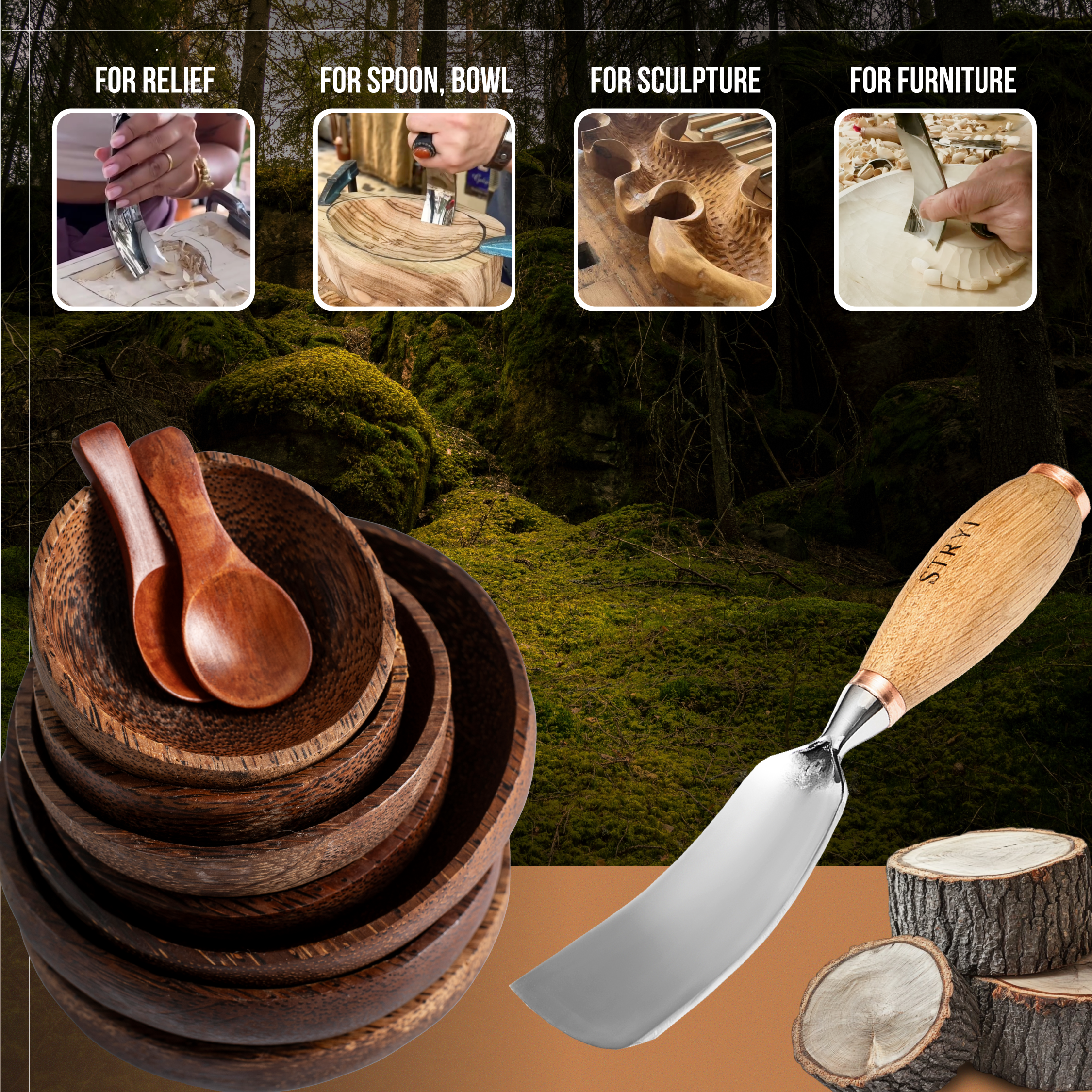 Bowl carving kit 4 pcs STRYI Profi, Spoon carving tools, Gift for men