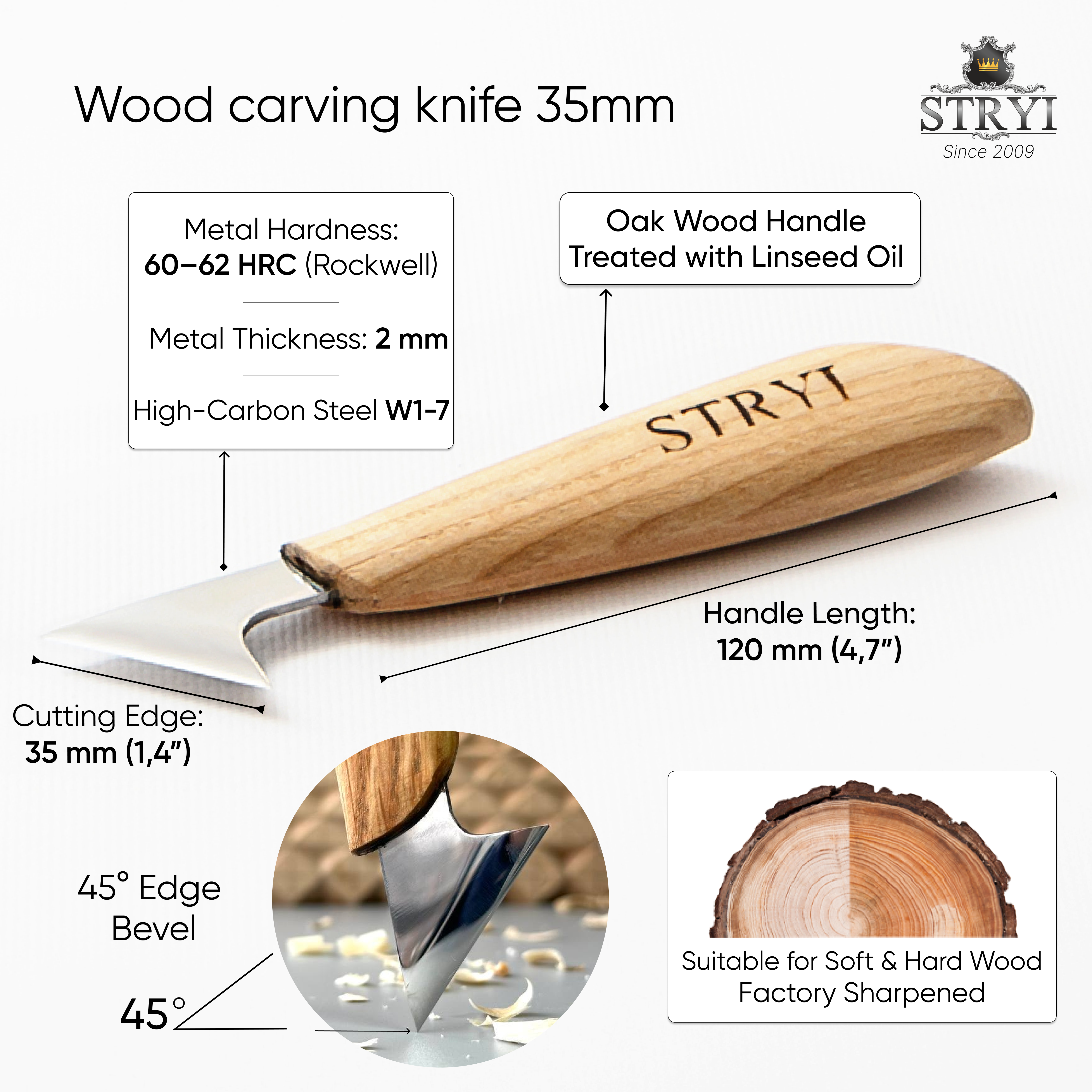 Wood carving knife 35mm STRYI Profi for relief and chip carving, Chip carving knife