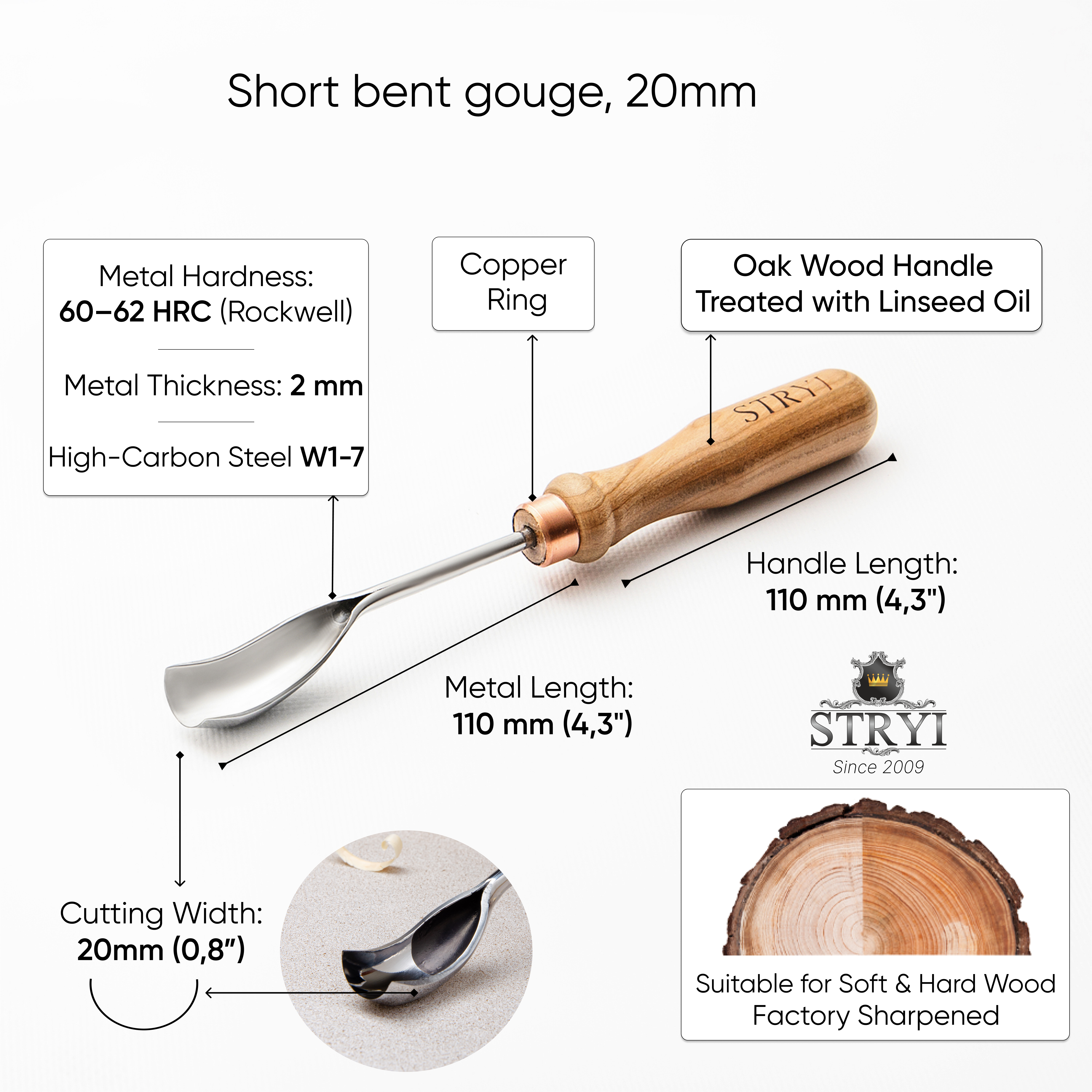 Kurz gebogene Hohleisen 20mm, Löffelhohleisen STRYI Profi, Schüsselschnitzwerkzeug