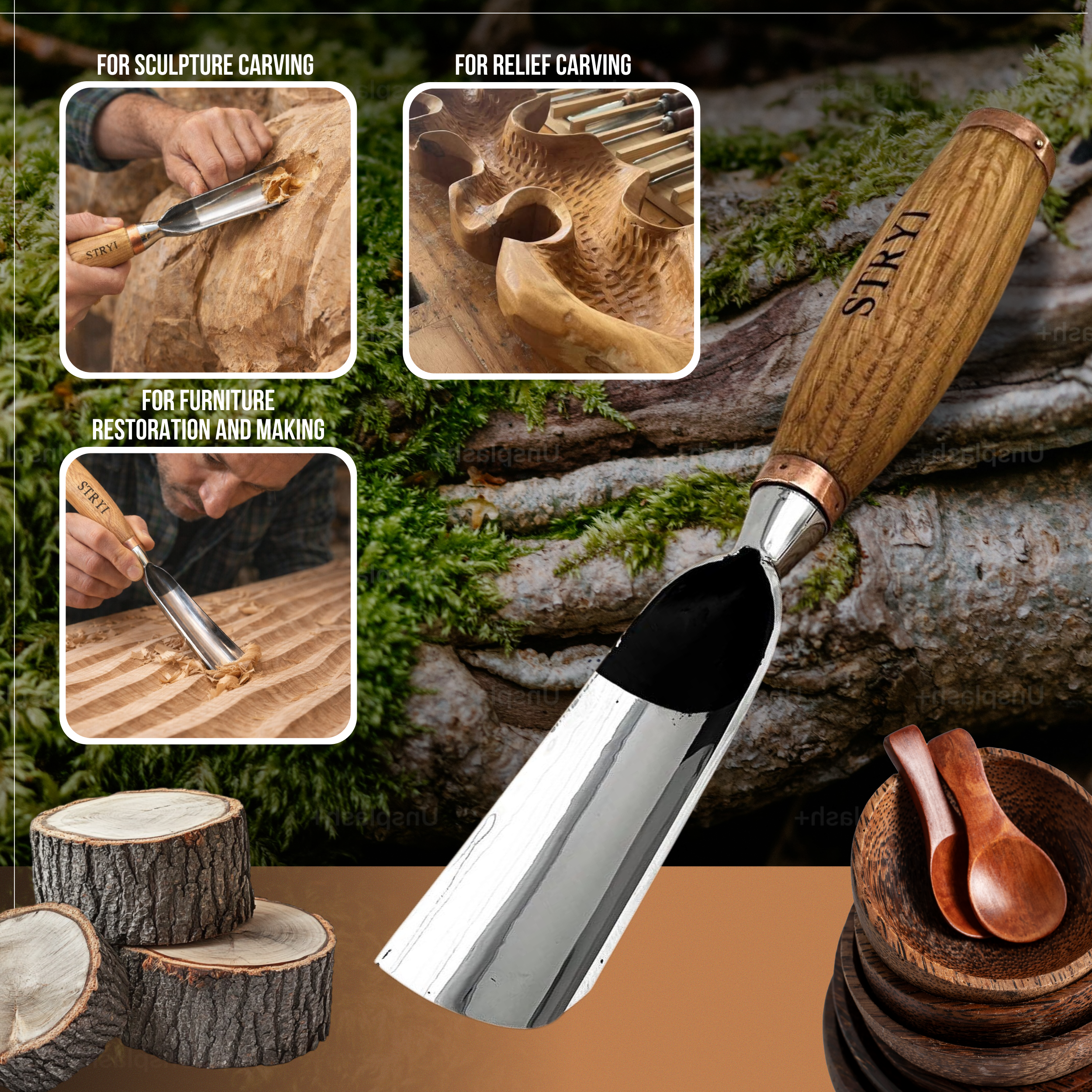 Large sculpture chisel, 5 profile Heavy duty gouge, STRYI Profi, Sculpting tools, Woodworking tools, hand forged tools, Making Furniture tools, Carpentry tools