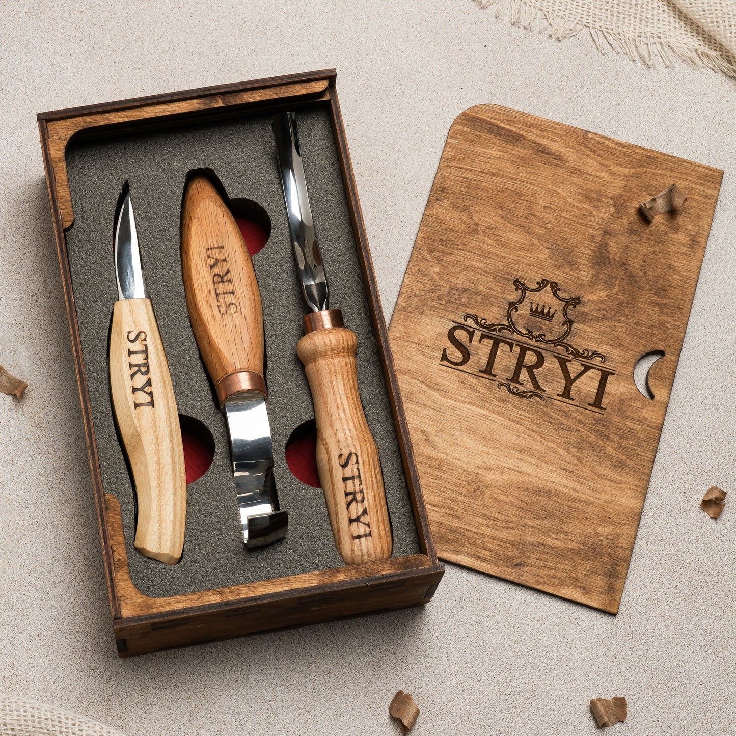 Spoon carving toolset, crockery woodcarving set  3 pcs STRYI Profi, Carving tools, Hook knife, spoon making