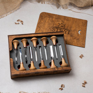 Palm carving tools set of 10 pcs, gravers and burins STRYI Profi, forged chisels for detailing, wood carving tools