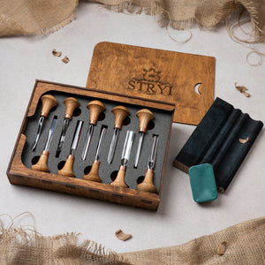 Palm carving tools set of 10 pcs, gravers and burins STRYI Profi, forged chisels for detailing, wood carving tools