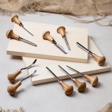 Load image into Gallery viewer, Palm carving tools set of 10 pcs, gravers and burins STRYI Profi, forged chisels for detailing, wood carving tools