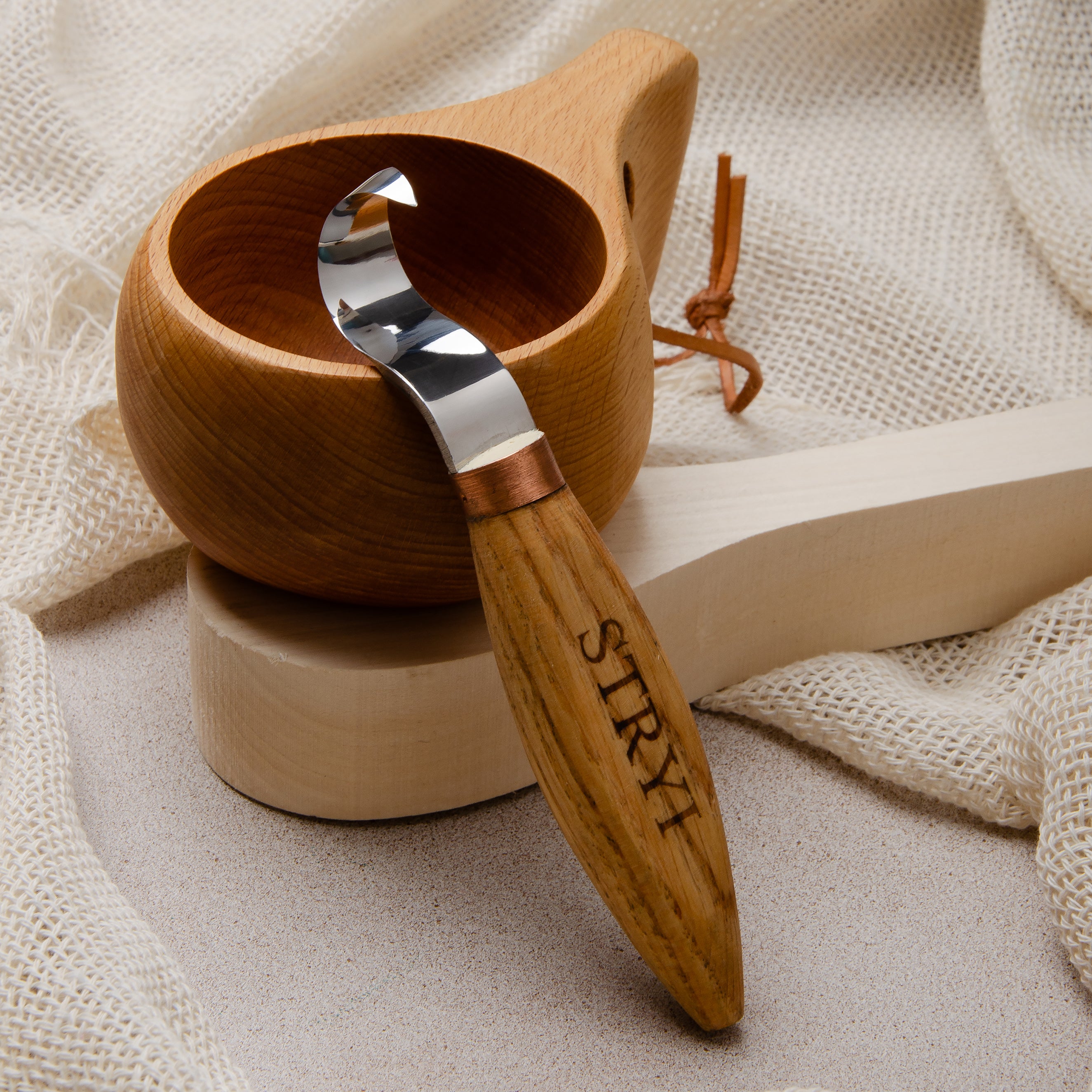 Löffelschale und Kuksa Schnitzhakenmesser, Scharfes Hakenmesser 25mm STRYI Profi, Löffelmesser, Schalenmesser, Kuksa Meißel, Handgeschmiedetes Werkzeug