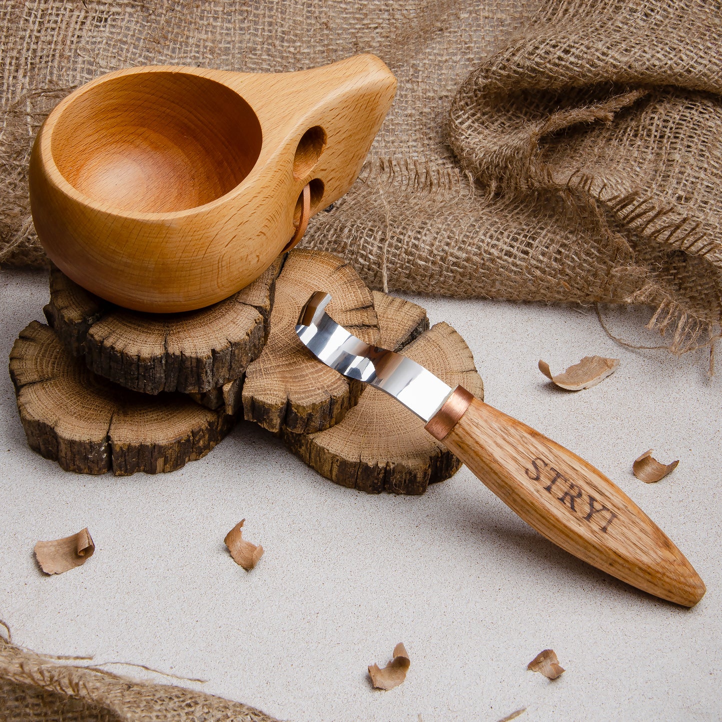 Löffelhakenmesser 30mm STRYI Profi Schüssel- und Kuksa-Schnitzmesser, Hakenmesser, Löffelschnitzmesser