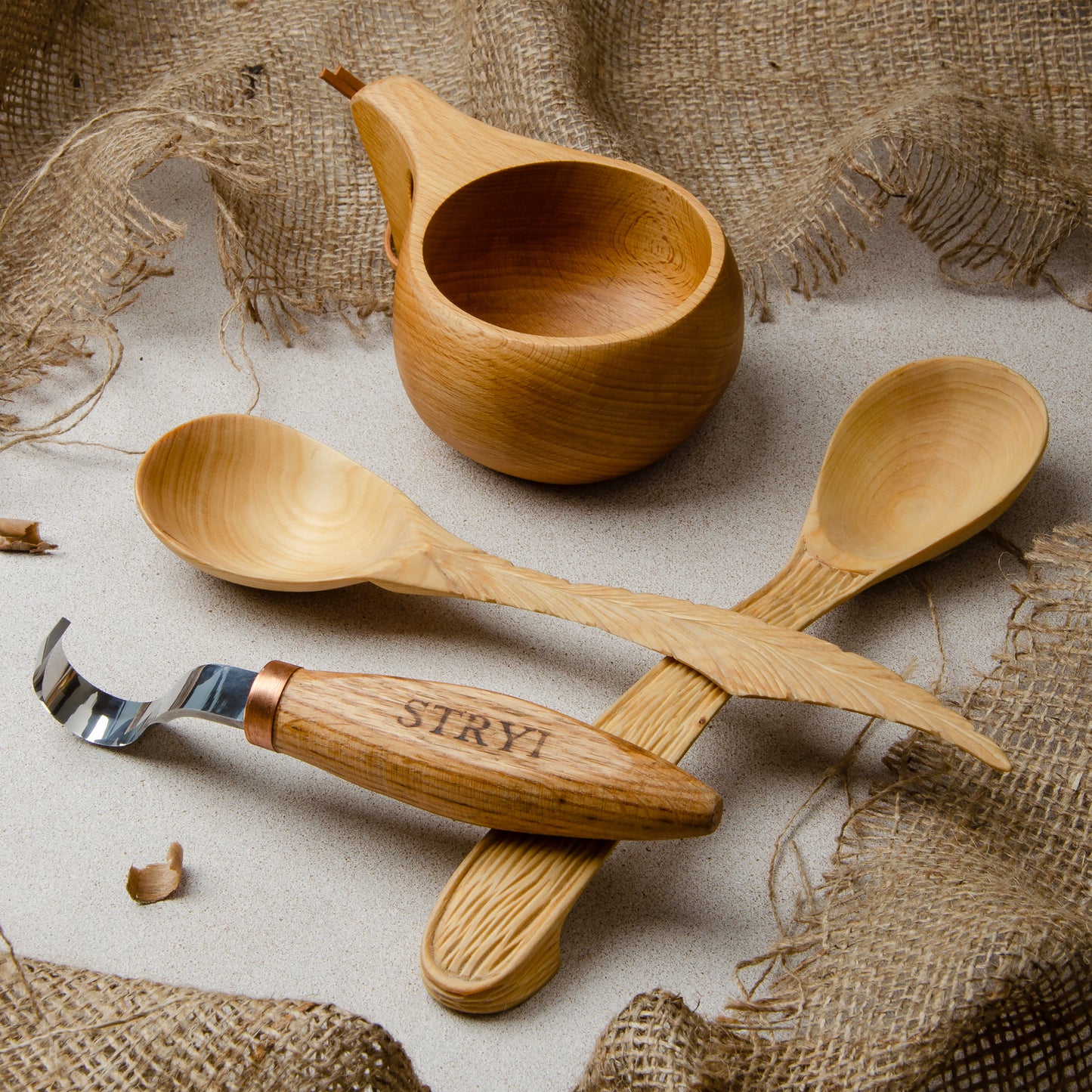 Löffelhakenmesser 30mm STRYI Profi Schüssel- und Kuksa-Schnitzmesser, Hakenmesser, Löffelschnitzmesser