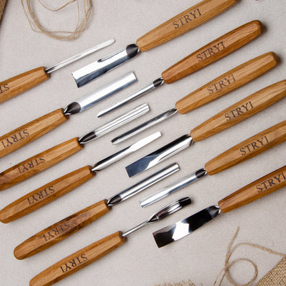 Wood carving kit for relief carving in leather case, 12pcs STRYI Profi, Chisels set, Gouges set