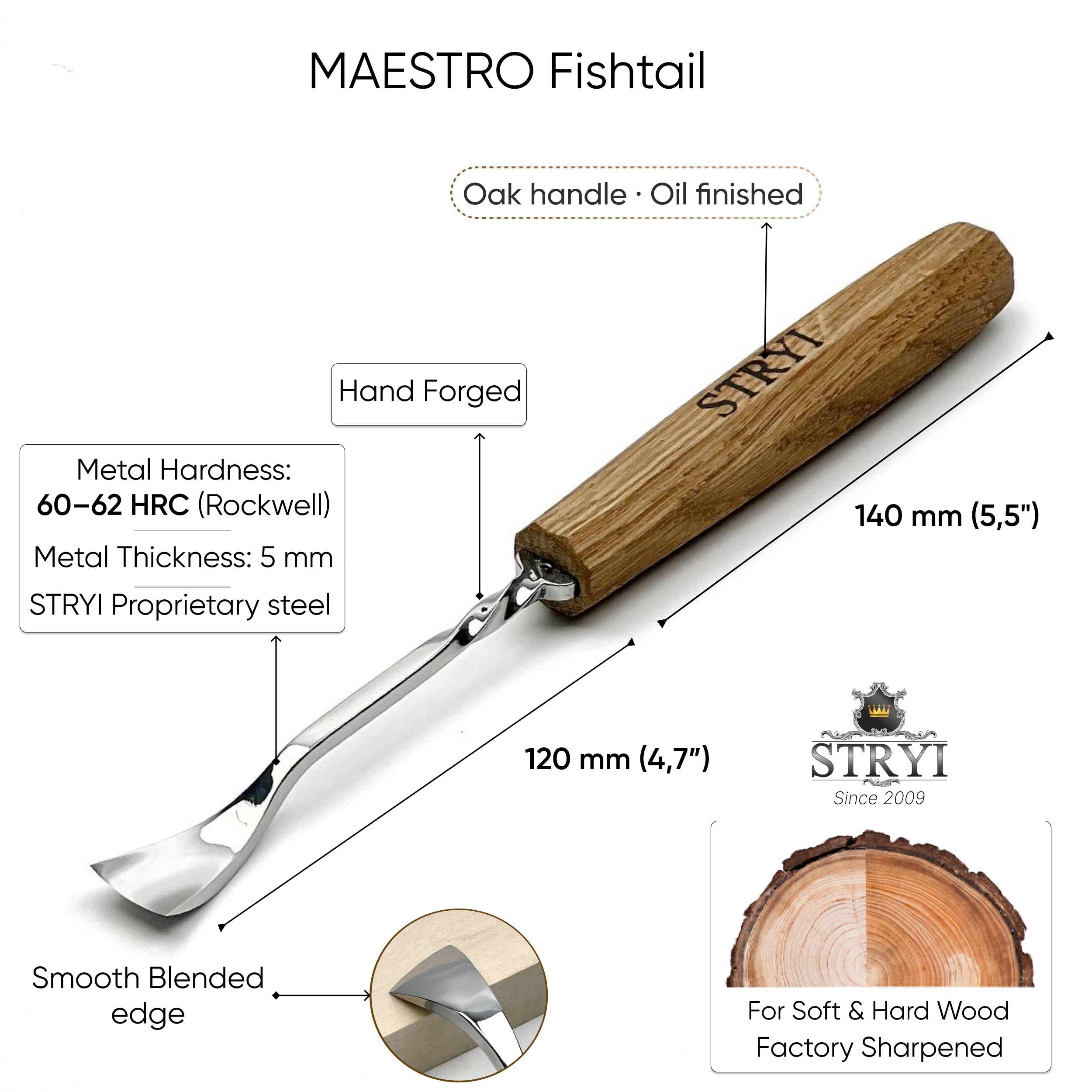 Fishtail Bent Gouge MAESTRO STRYI for finishing 3D carvings and detailing