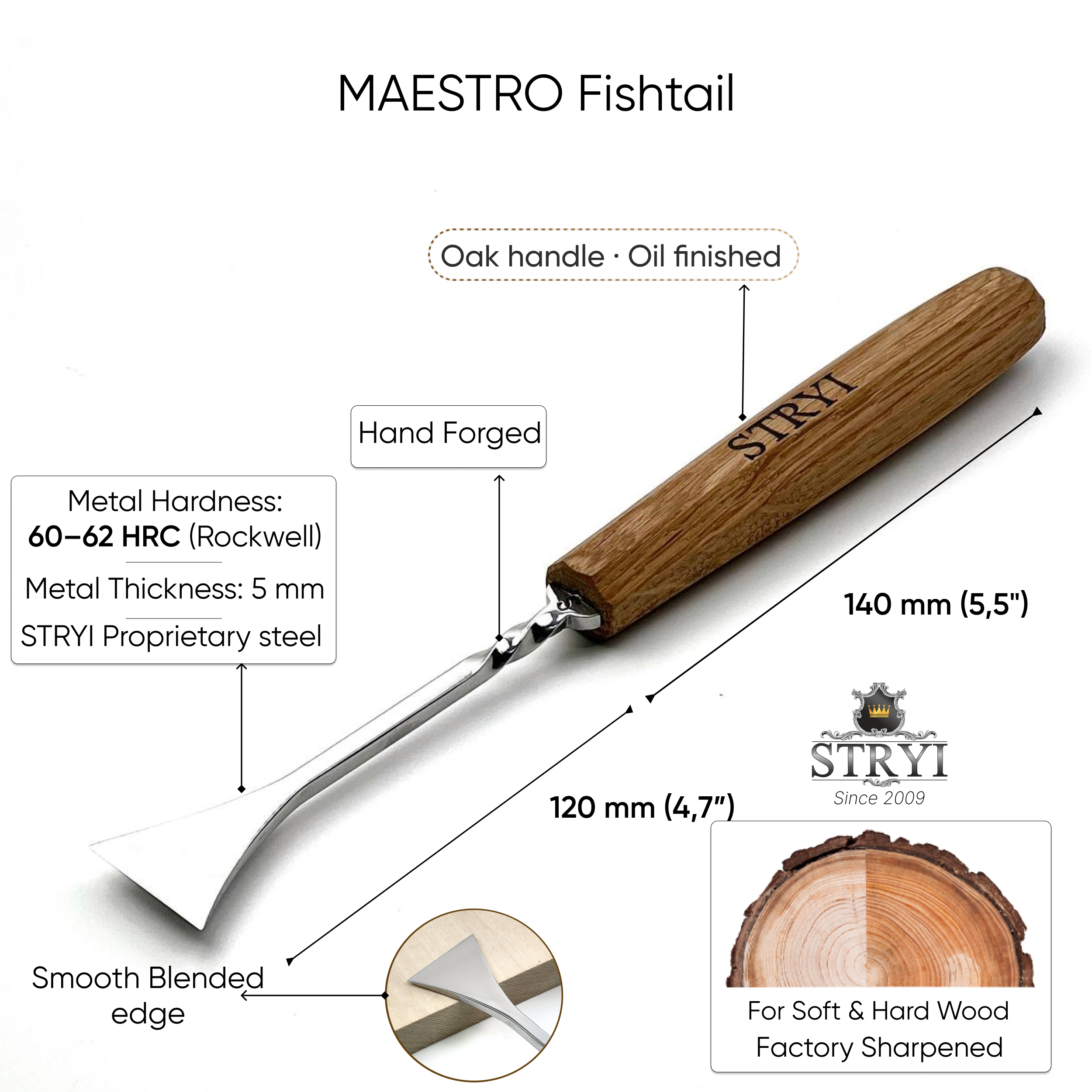 Fishtail Flat Chisel for relief carving and detailing, NEW Line STRYI MAESTRO